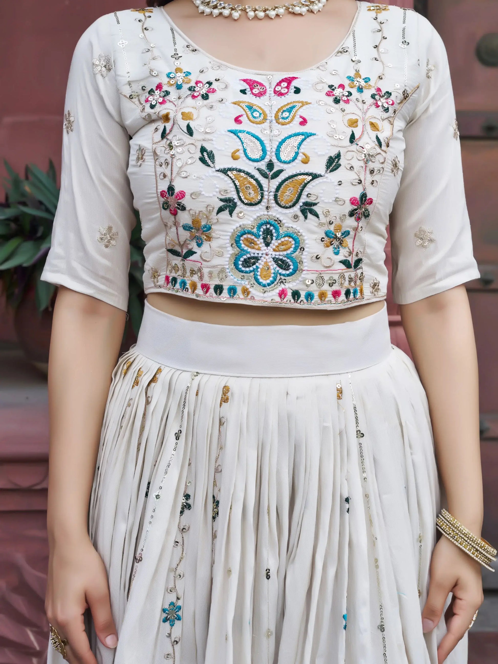 Rich Off-White Thread Embroidery Tissue Bridesmaid Lehenga Choli With Blue Dupatta