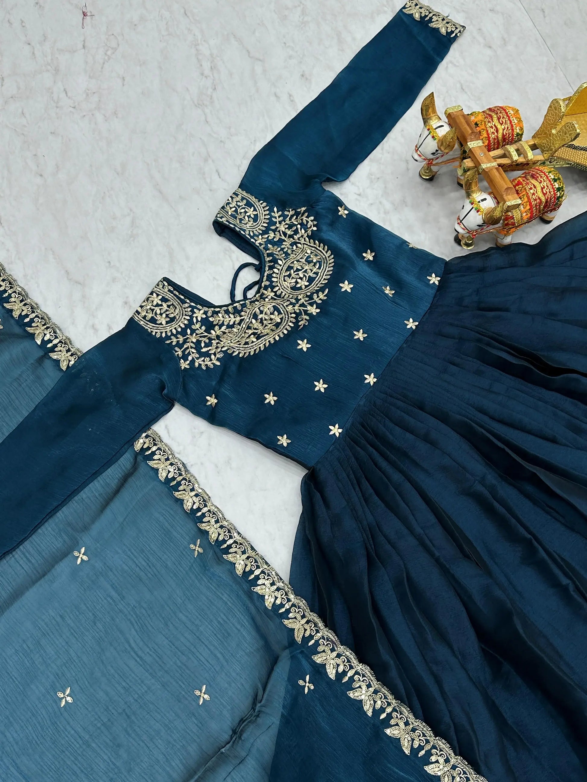 Magnificent Blue Embroidered Silk Event Gown With Dupatta