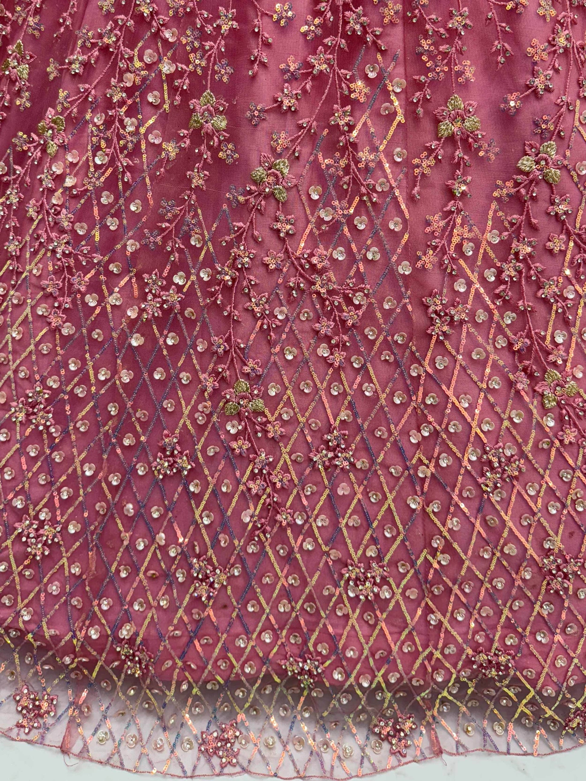 Shiny Pink Multi Thread Work Net Engagement Wear Lehenga With Blouse