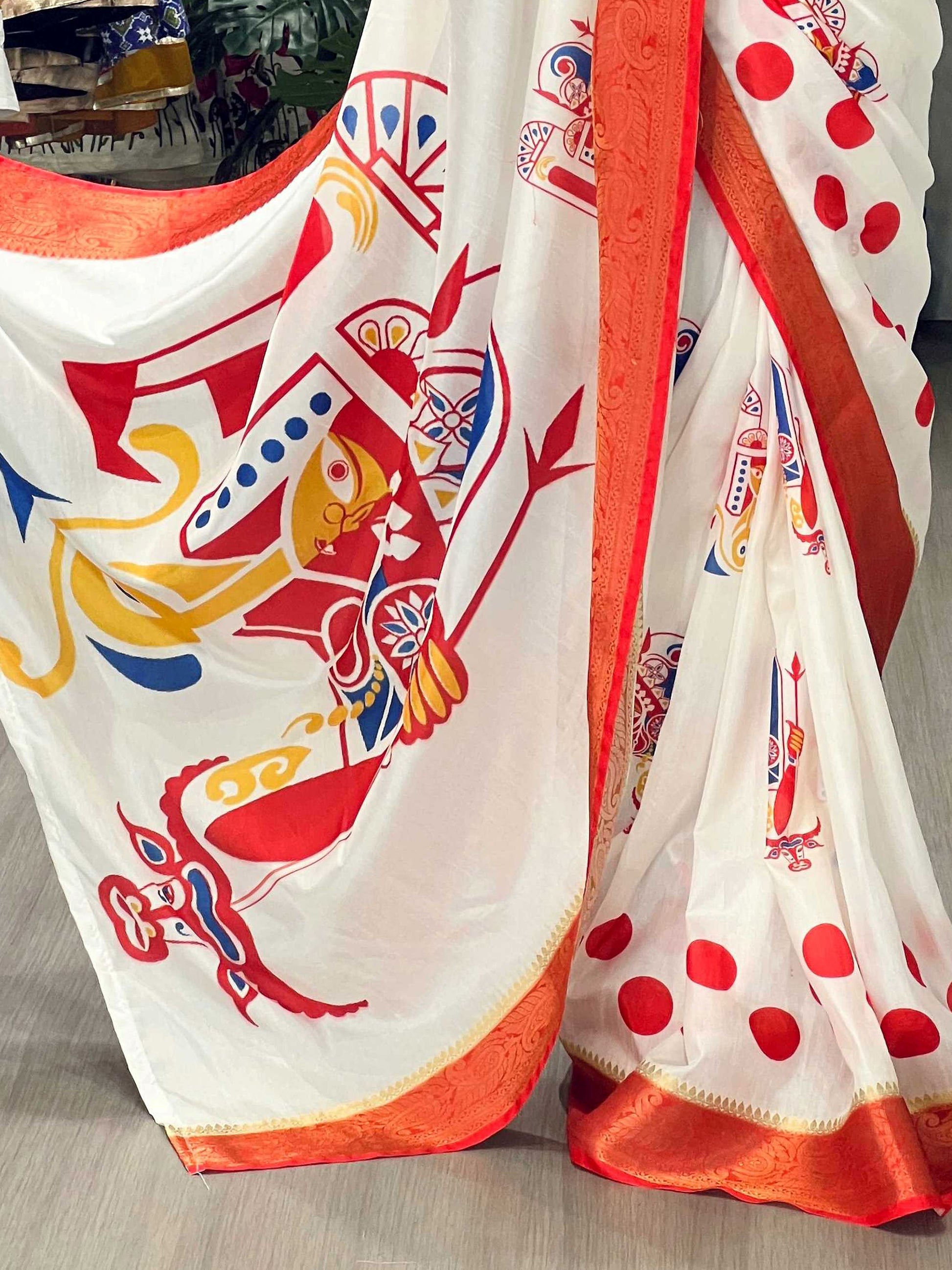 Beautiful White Printed Silk Durga Puja Saree With Red Blouse