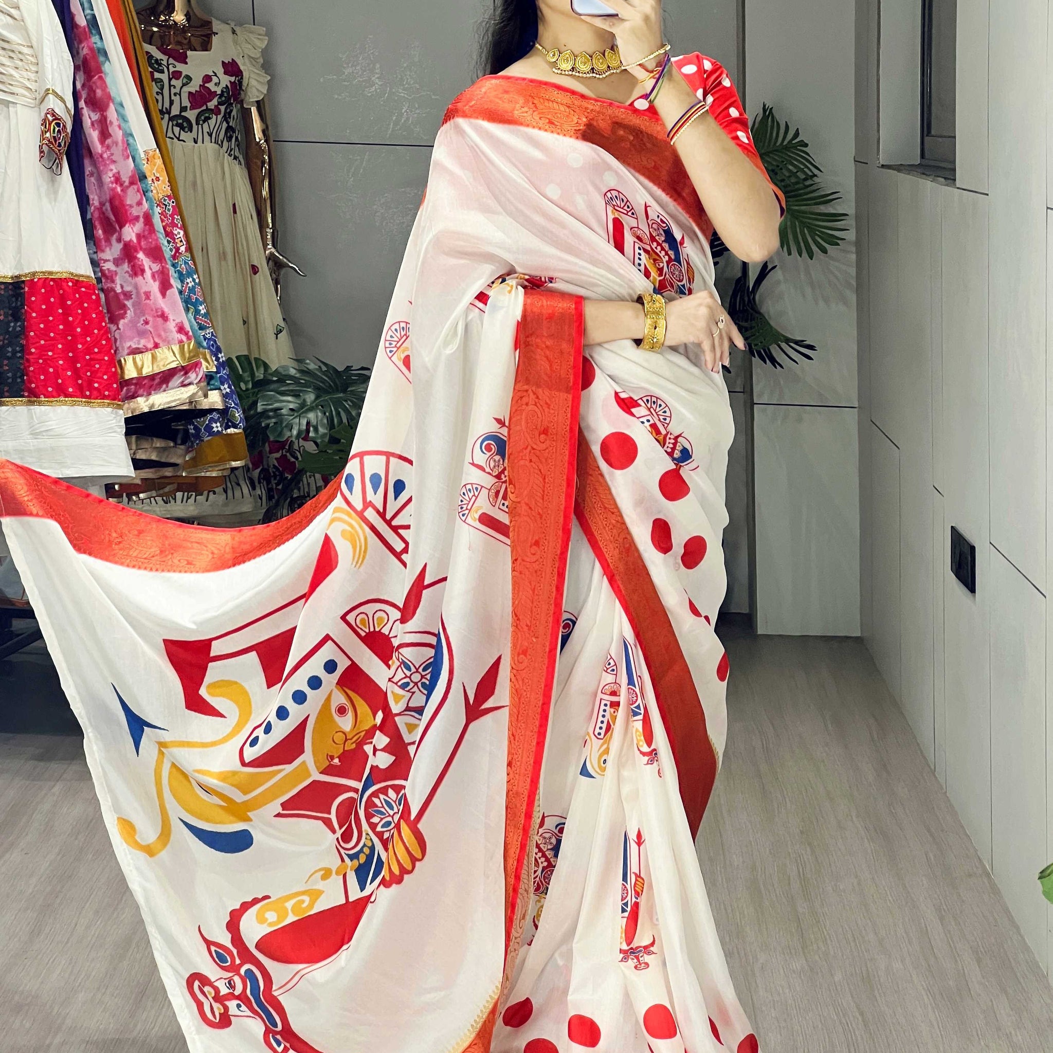 Beautiful White Printed Silk Durga Puja Saree With Red Blouse