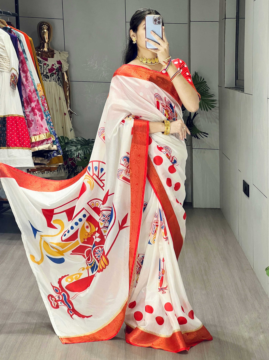 Beautiful White Printed Silk Durga Puja Saree With Red Blouse