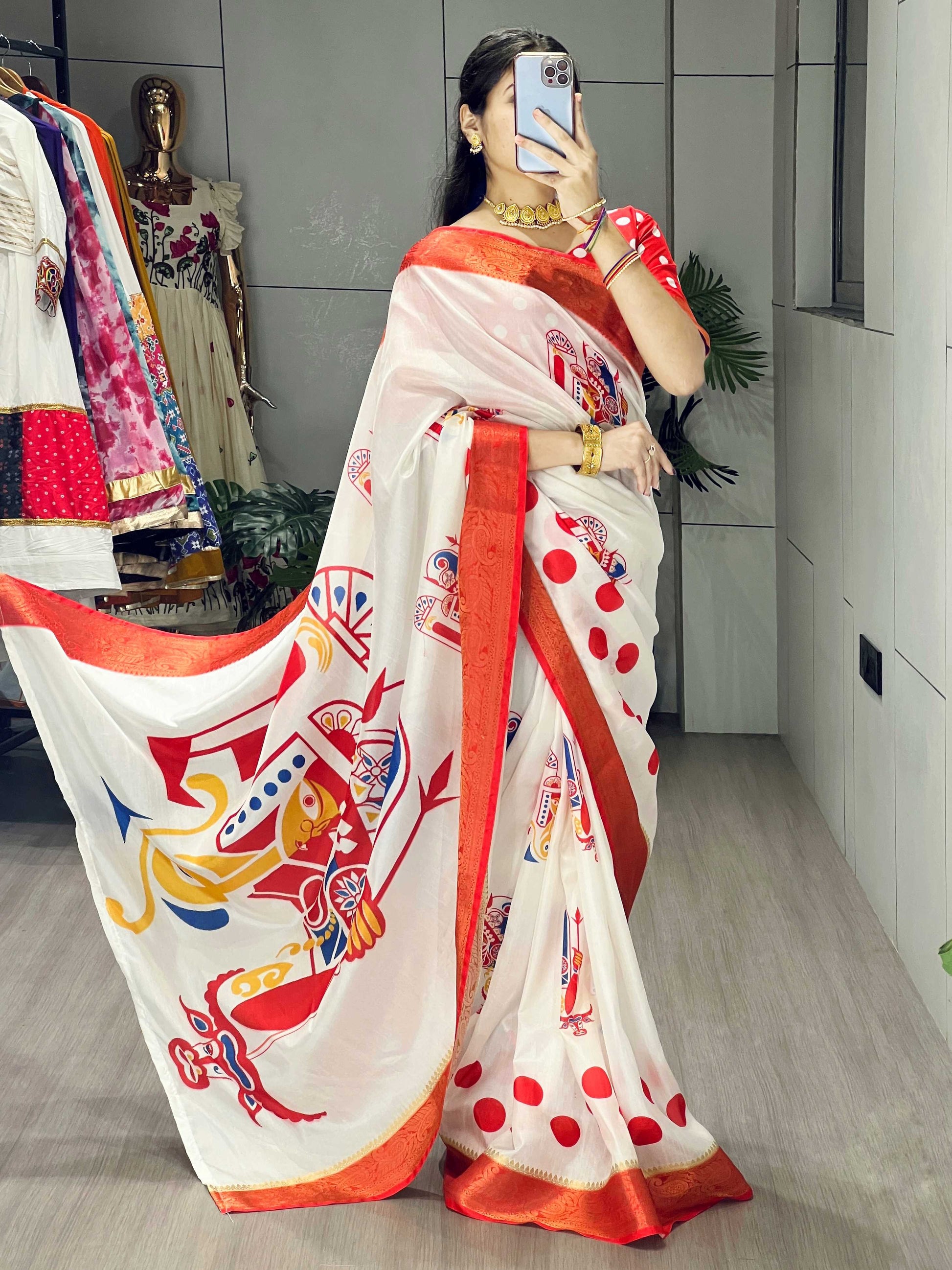 Beautiful White Printed Silk Durga Puja Saree With Red Blouse