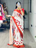 Beautiful White Printed Silk Durga Puja Saree With Red Blouse