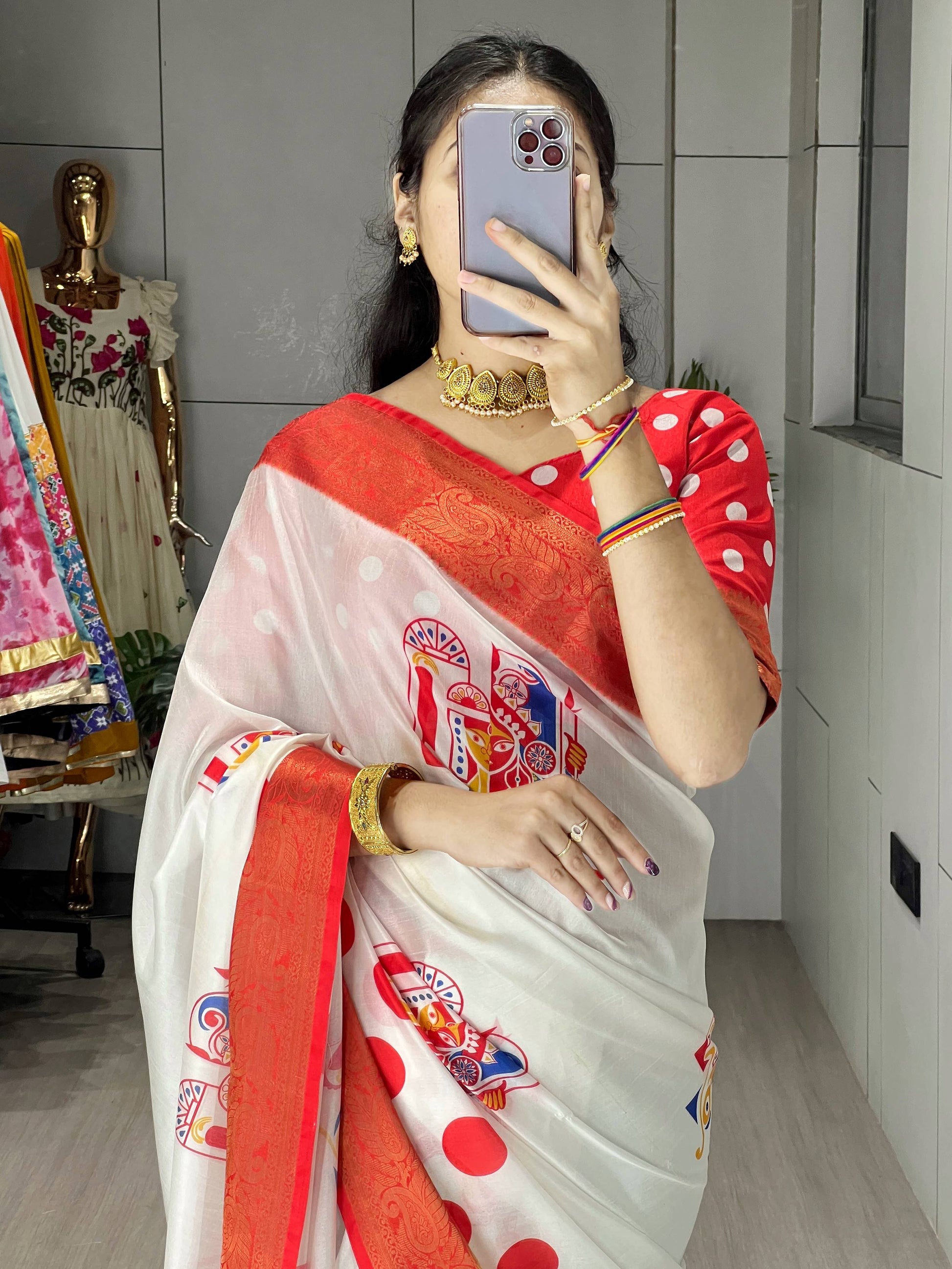 Beautiful White Printed Silk Durga Puja Saree With Red Blouse