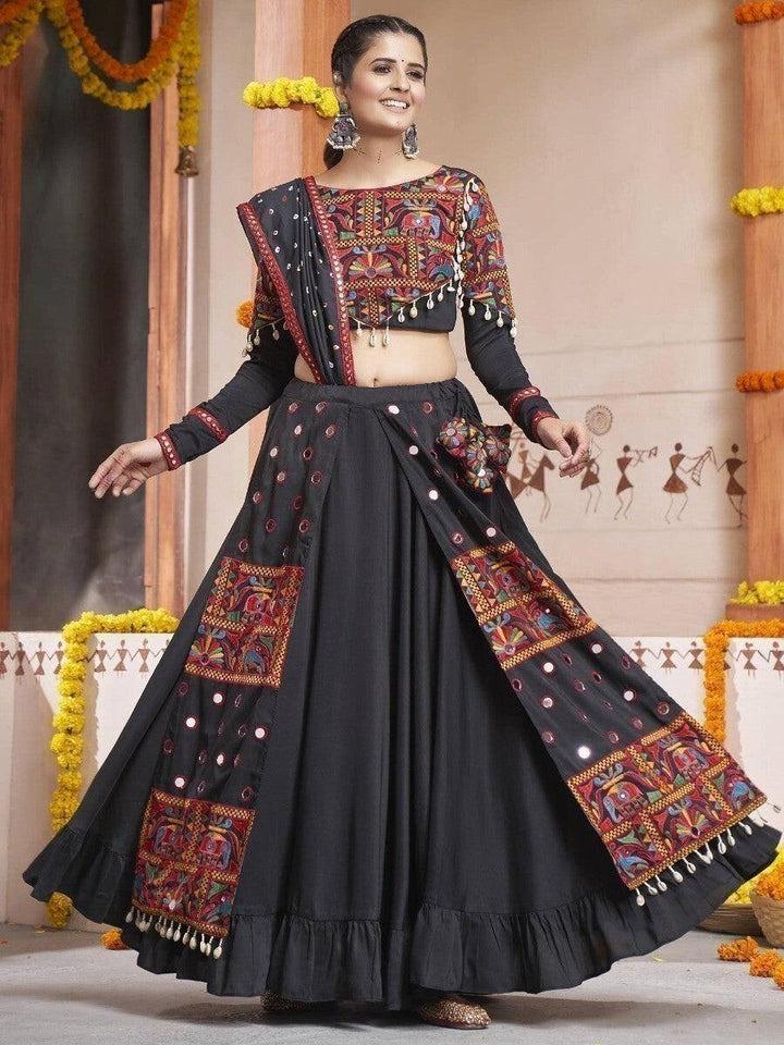 Beauteous Black Embroidered Work Rayon Navratri Wear Lehenga Choli