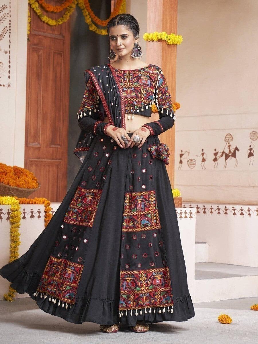 Beauteous Black Embroidered Work Rayon Navratri Wear Lehenga Choli