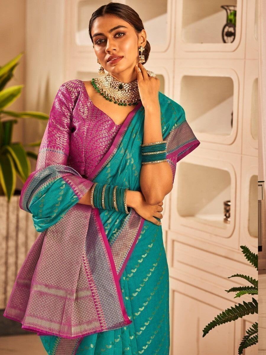 Beauteous Firozi Zari Woven Banarasi Silk Sangeet Wear Saree