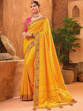 Beauteous Mustard Yellow Mirror Work Banarasi Silk Saree With Blouse - Zeel Clothing