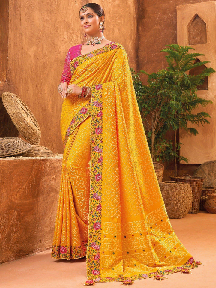 Beauteous Mustard Yellow Mirror Work Banarasi Silk Saree With Blouse - Zeel Clothing