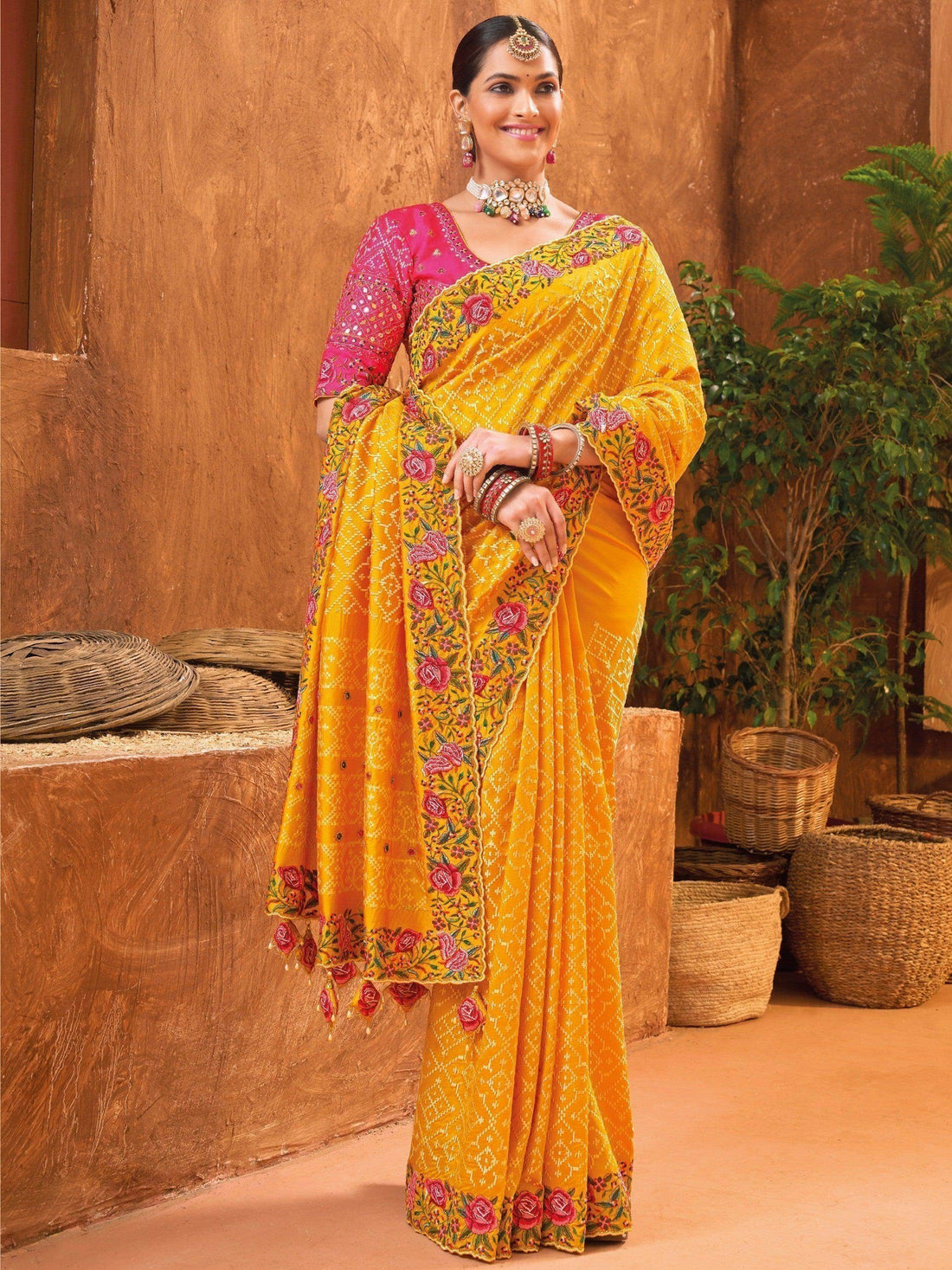Beauteous Mustard Yellow Mirror Work Banarasi Silk Saree With Blouse - Zeel Clothing