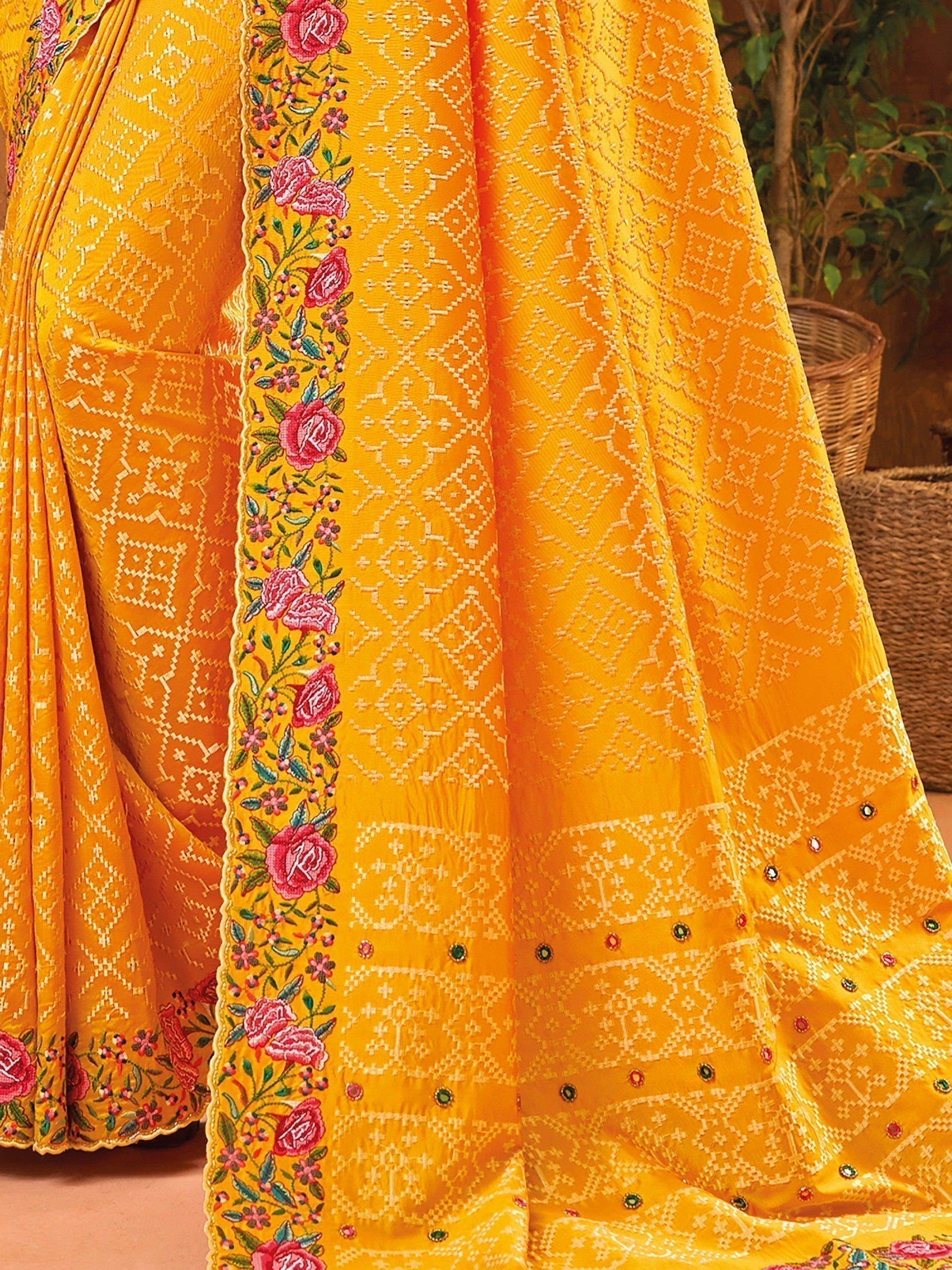 Beauteous Mustard Yellow Mirror Work Banarasi Silk Saree With Blouse - Zeel Clothing