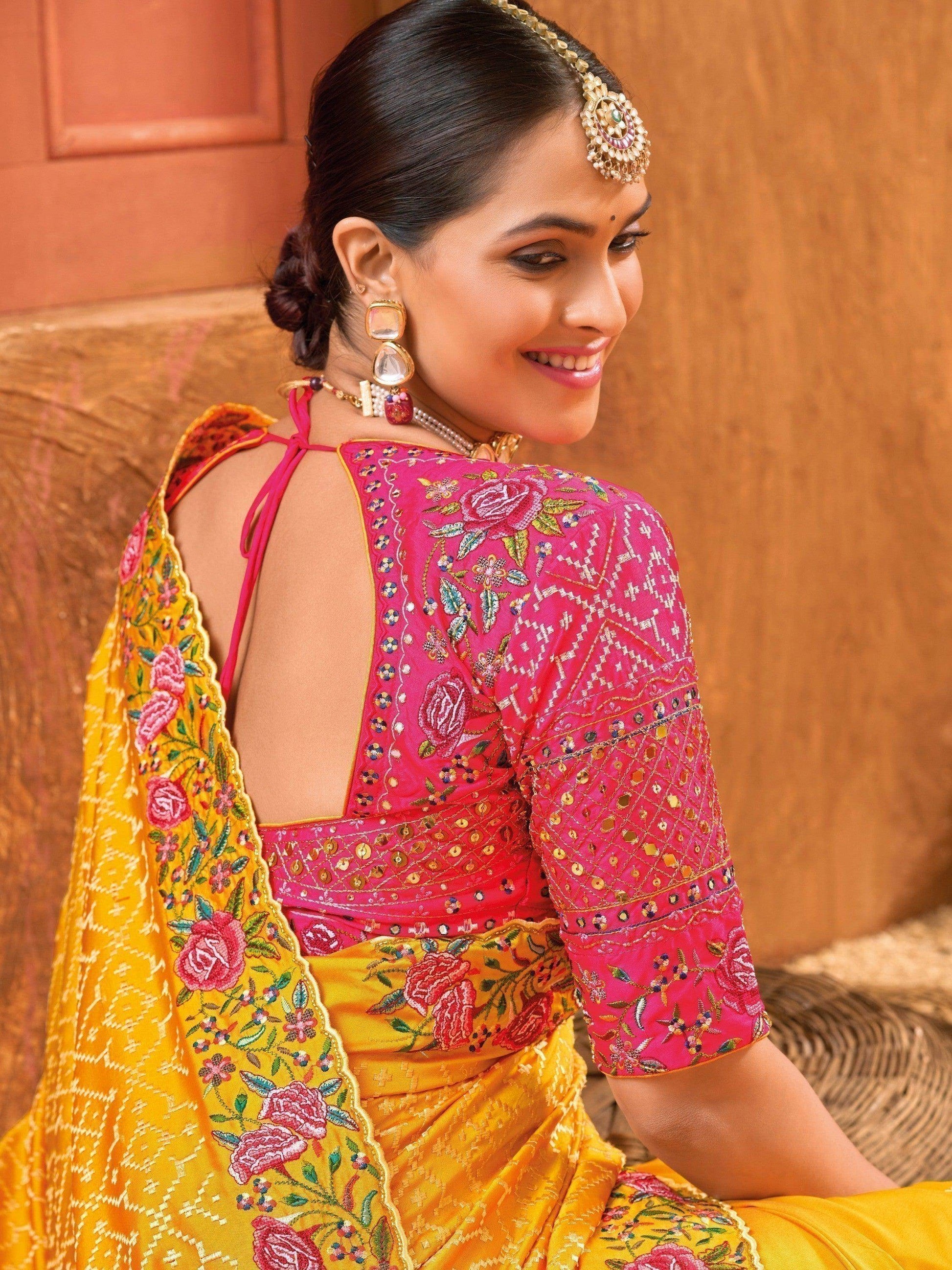 Beauteous Mustard Yellow Mirror Work Banarasi Silk Saree With Blouse - Zeel Clothing