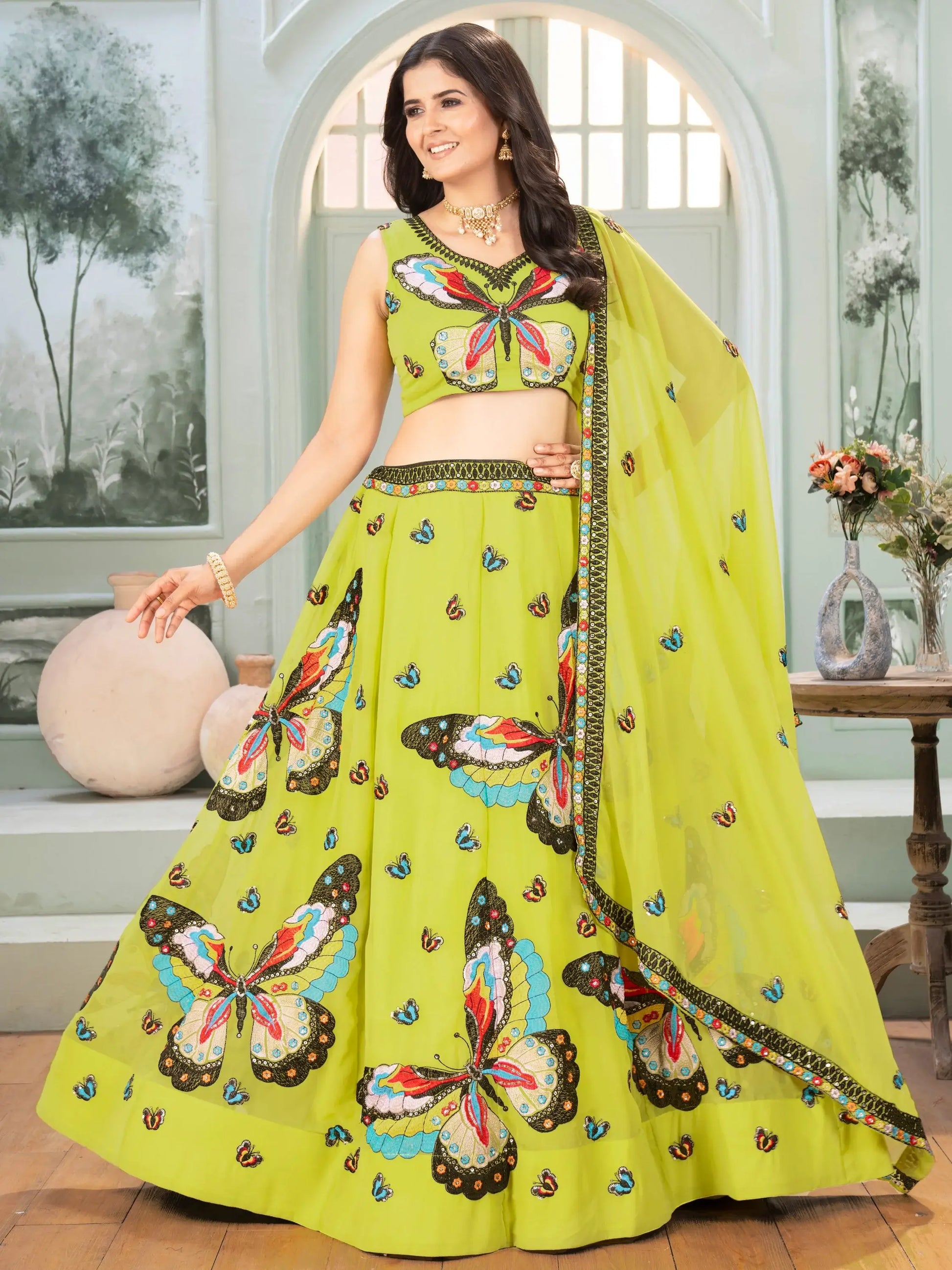 Beauteous Parrot Green Embroidered Georgette Festive Wear Lehenga Choli - Zeel Clothing