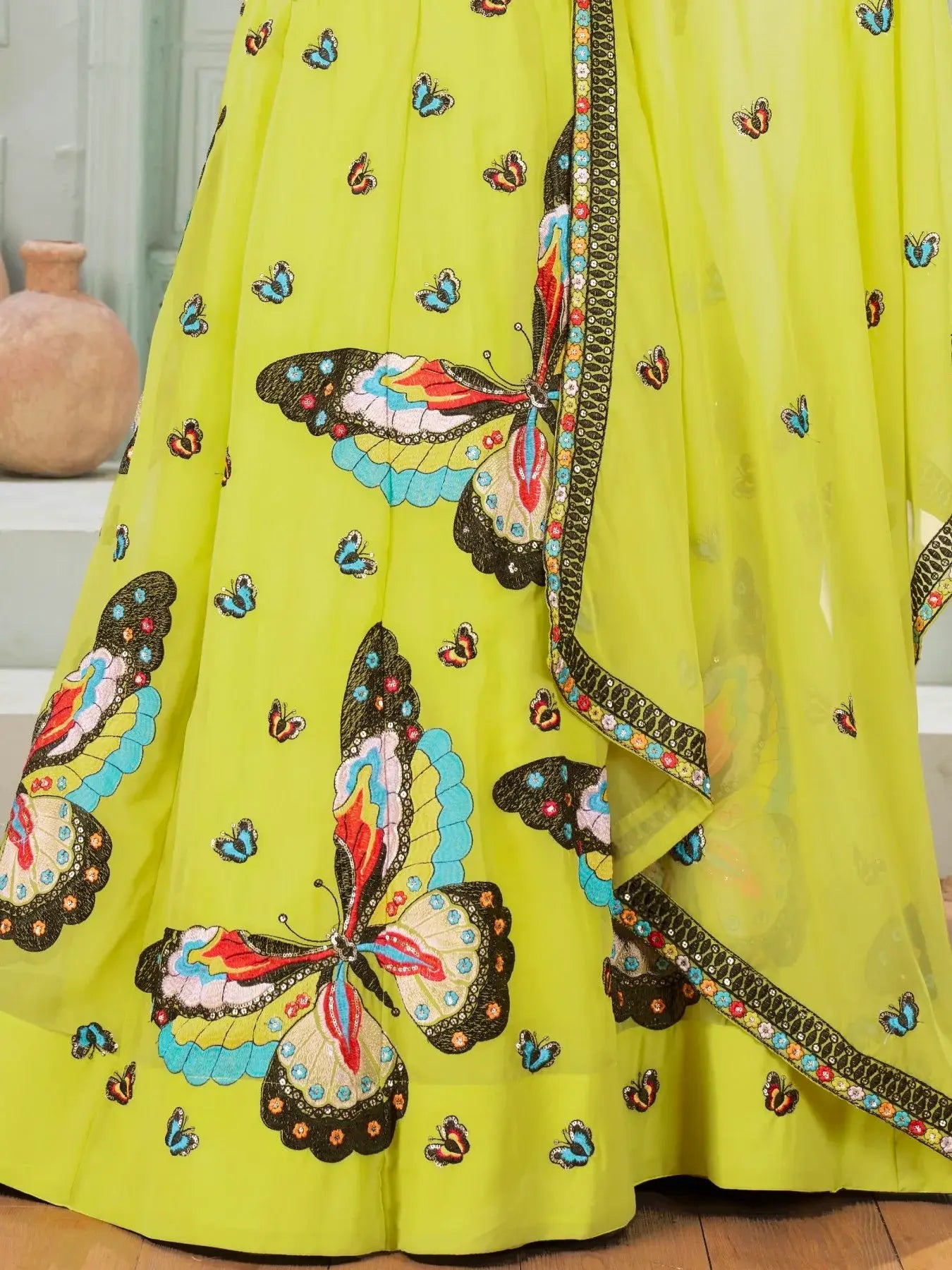 Beauteous Parrot Green Embroidered Georgette Festive Wear Lehenga Choli - Zeel Clothing