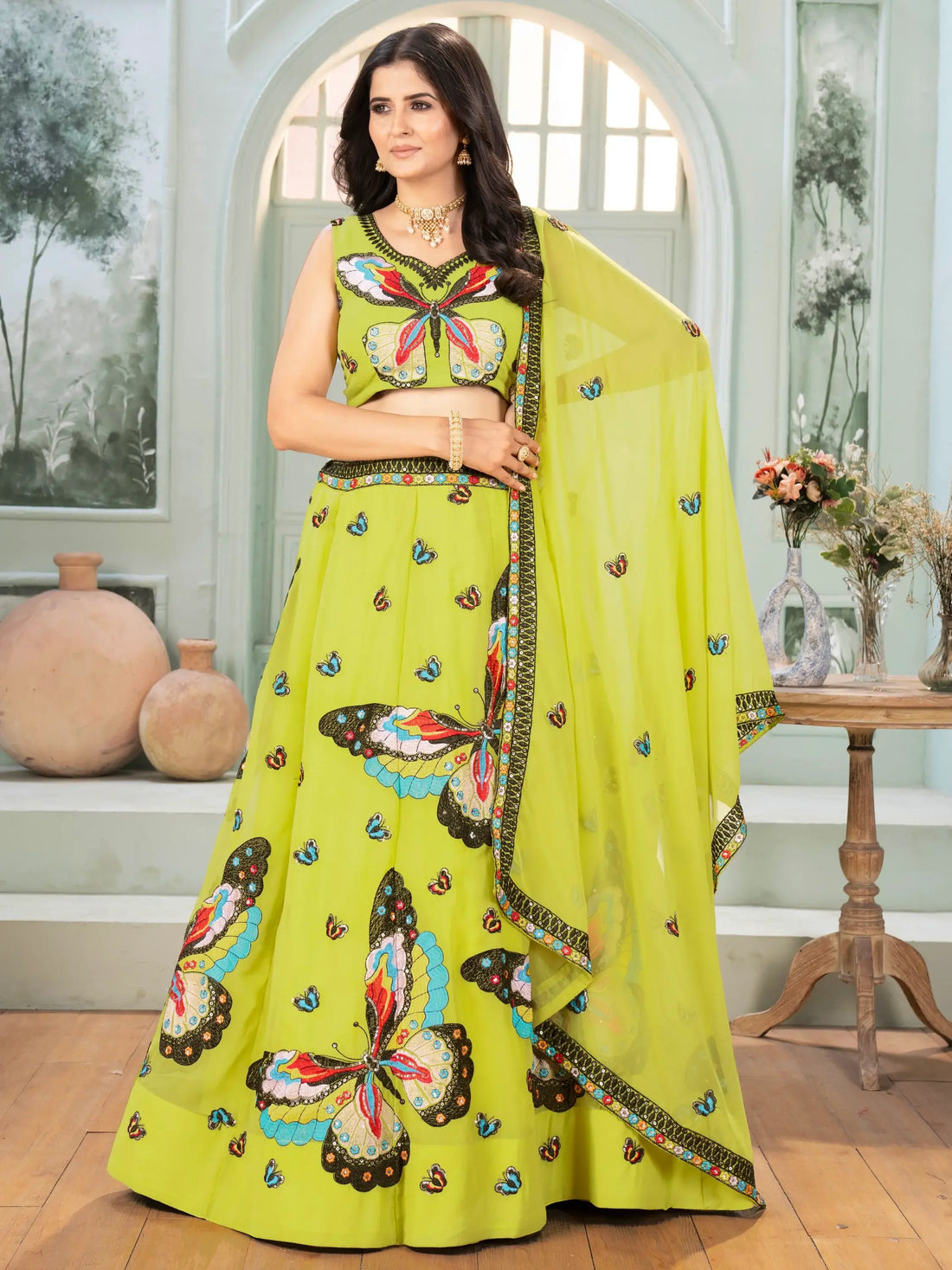Beauteous Parrot Green Embroidered Georgette Festive Wear Lehenga Choli - Zeel Clothing