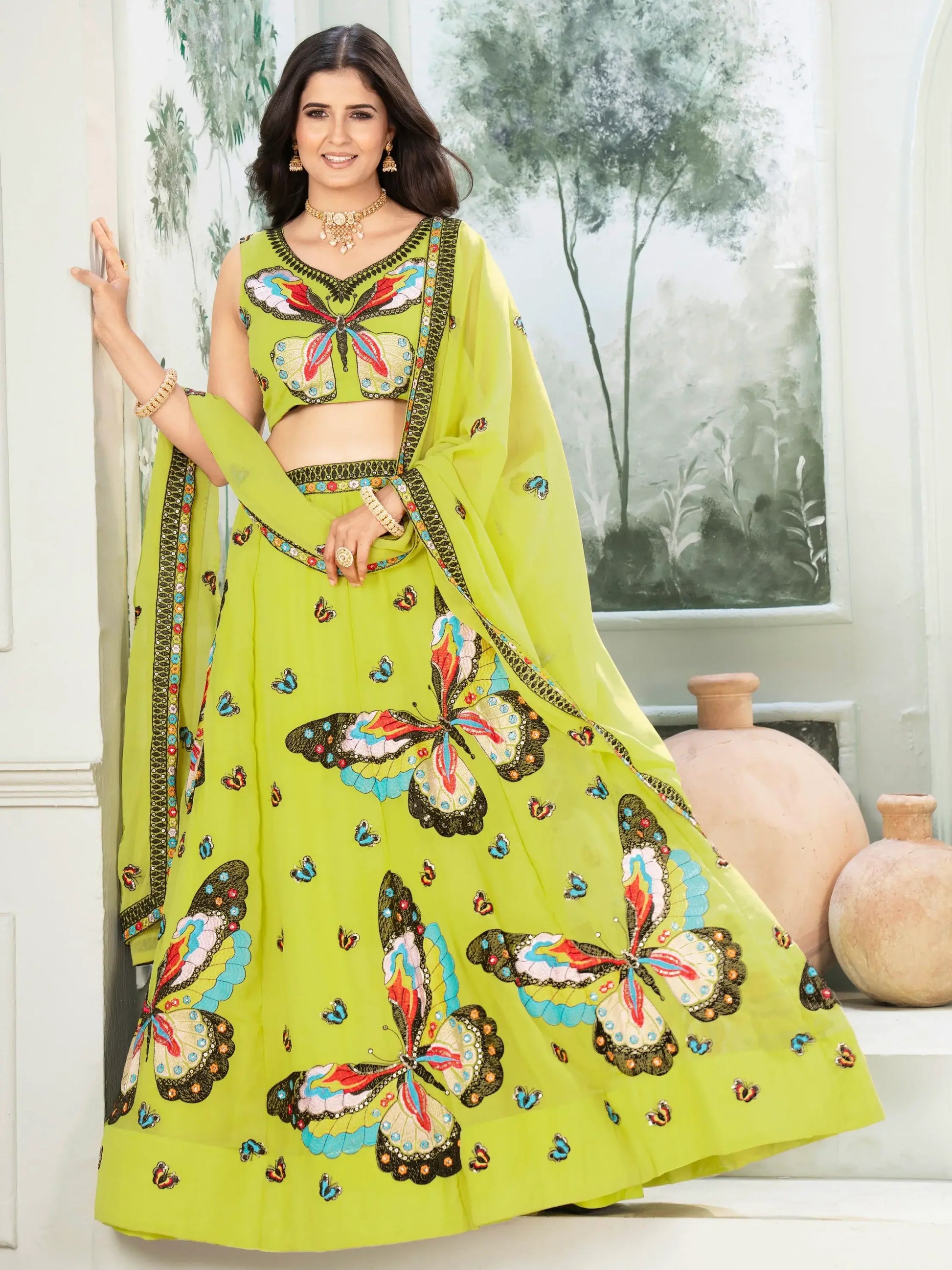 Beauteous Parrot Green Embroidered Georgette Festive Wear Lehenga Choli - Zeel Clothing
