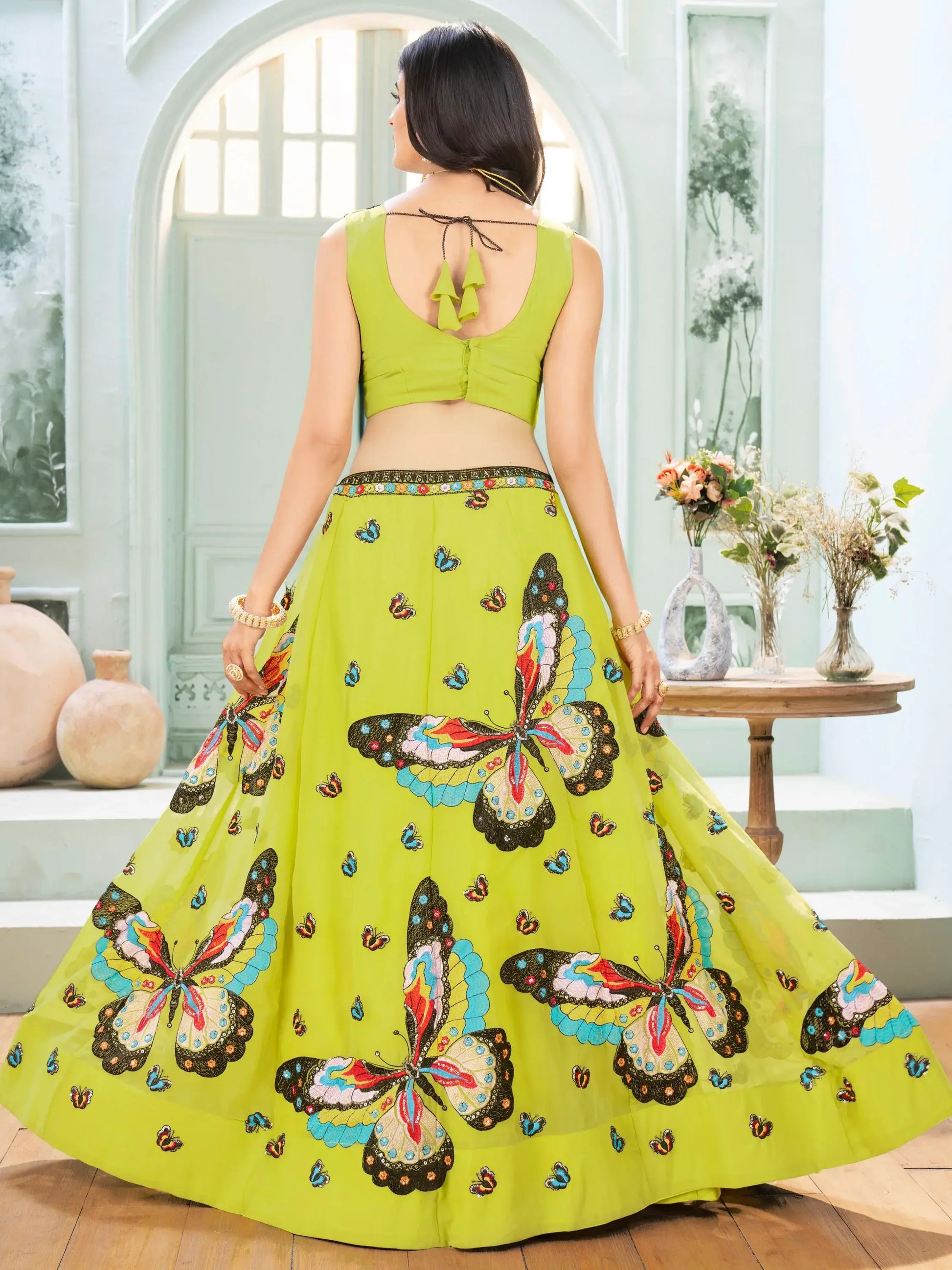 Beauteous Parrot Green Embroidered Georgette Festive Wear Lehenga Choli - Zeel Clothing
