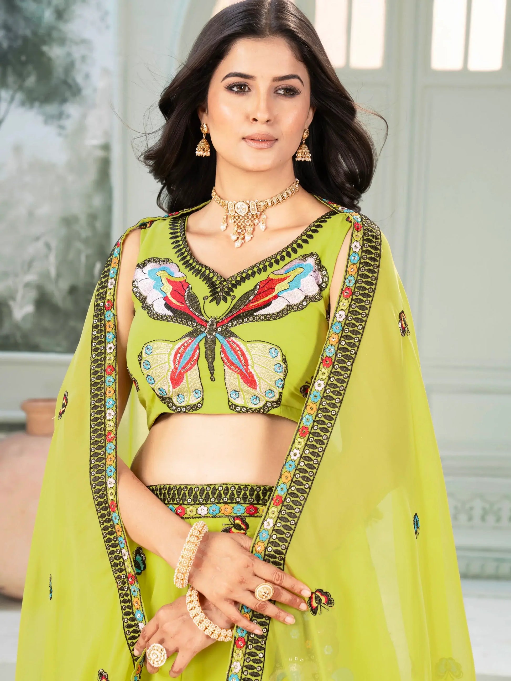 Beauteous Parrot Green Embroidered Georgette Festive Wear Lehenga Choli - Zeel Clothing