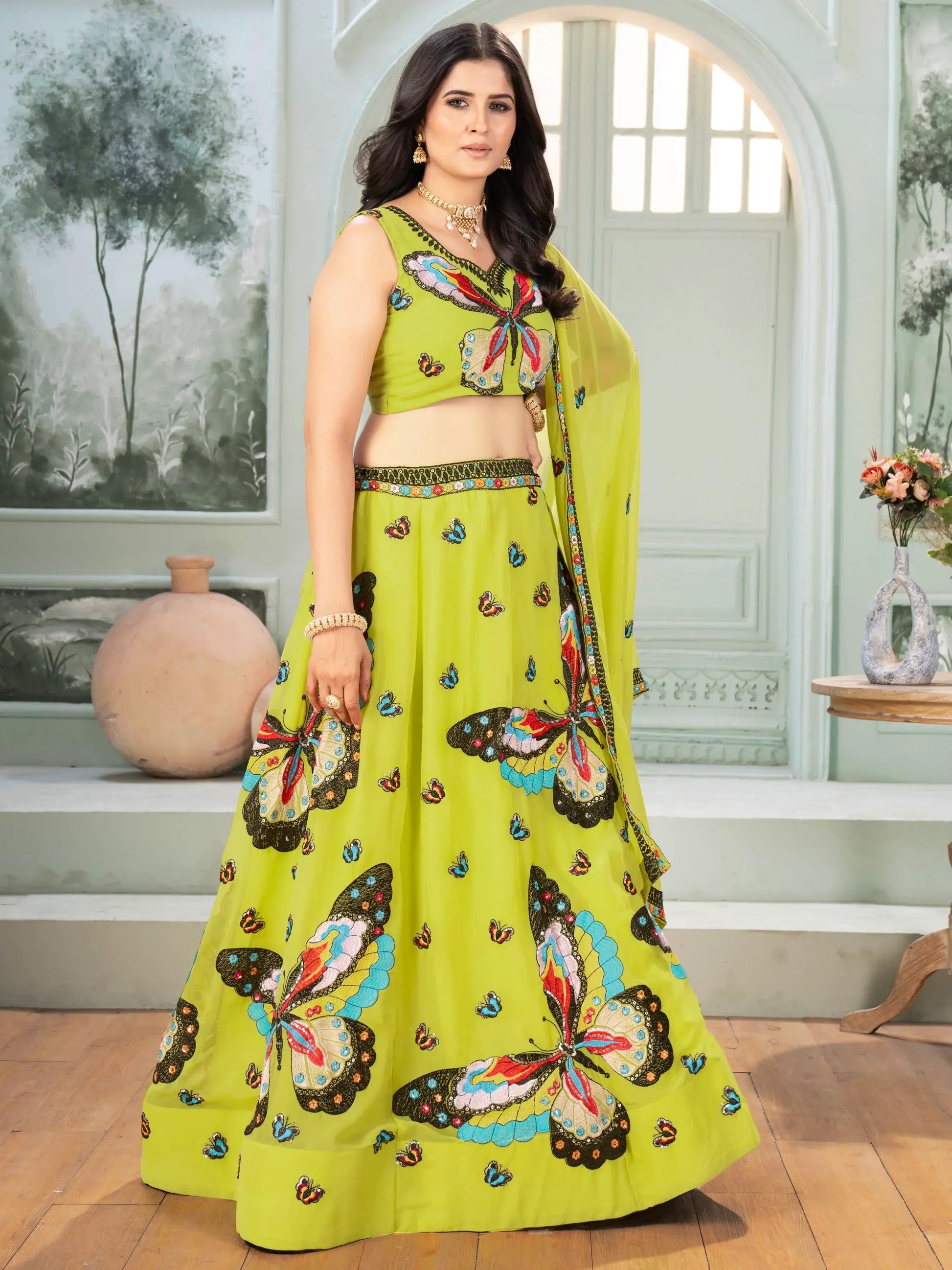 Beauteous Parrot Green Embroidered Georgette Festive Wear Lehenga Choli - Zeel Clothing