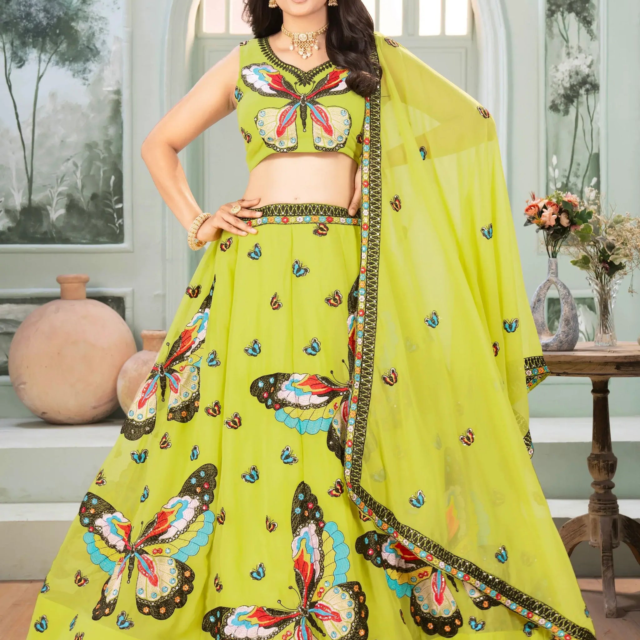 Beauteous Parrot Green Embroidered Georgette Festive Wear Lehenga Choli - Zeel Clothing