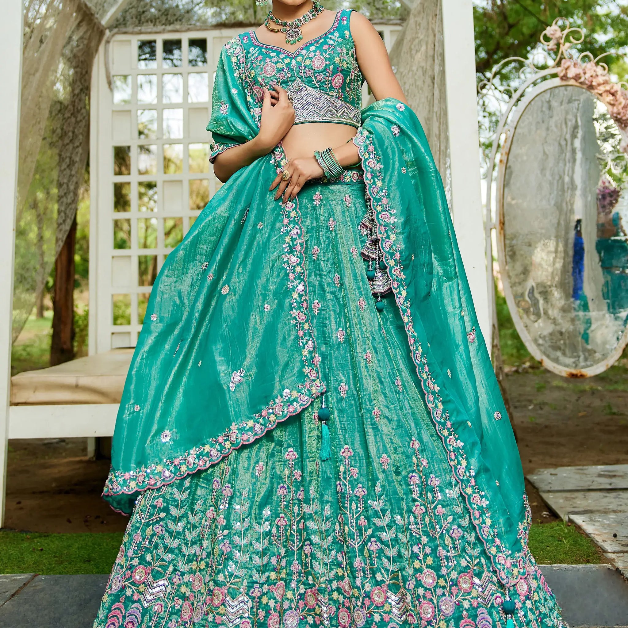 Beauteous Sea-Green Sequins Silk Lehenga Choli With Dupatta - Zeel Clothing