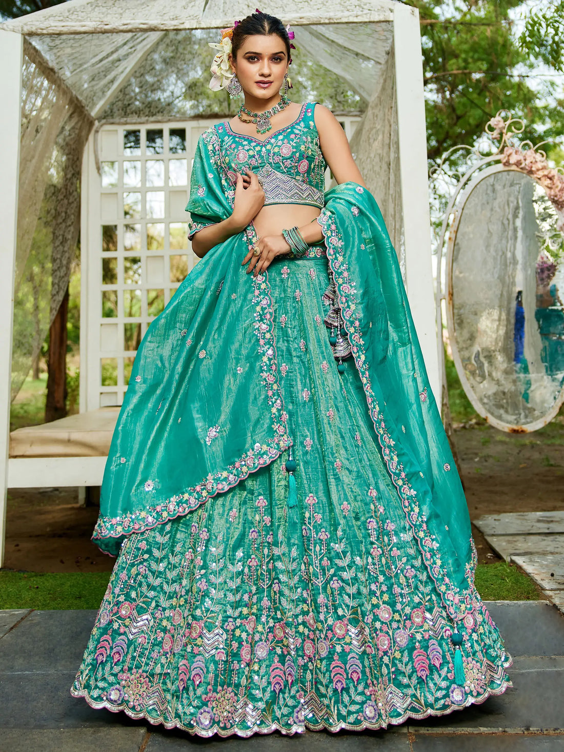 Beauteous Sea-Green Sequins Silk Lehenga Choli With Dupatta - Zeel Clothing