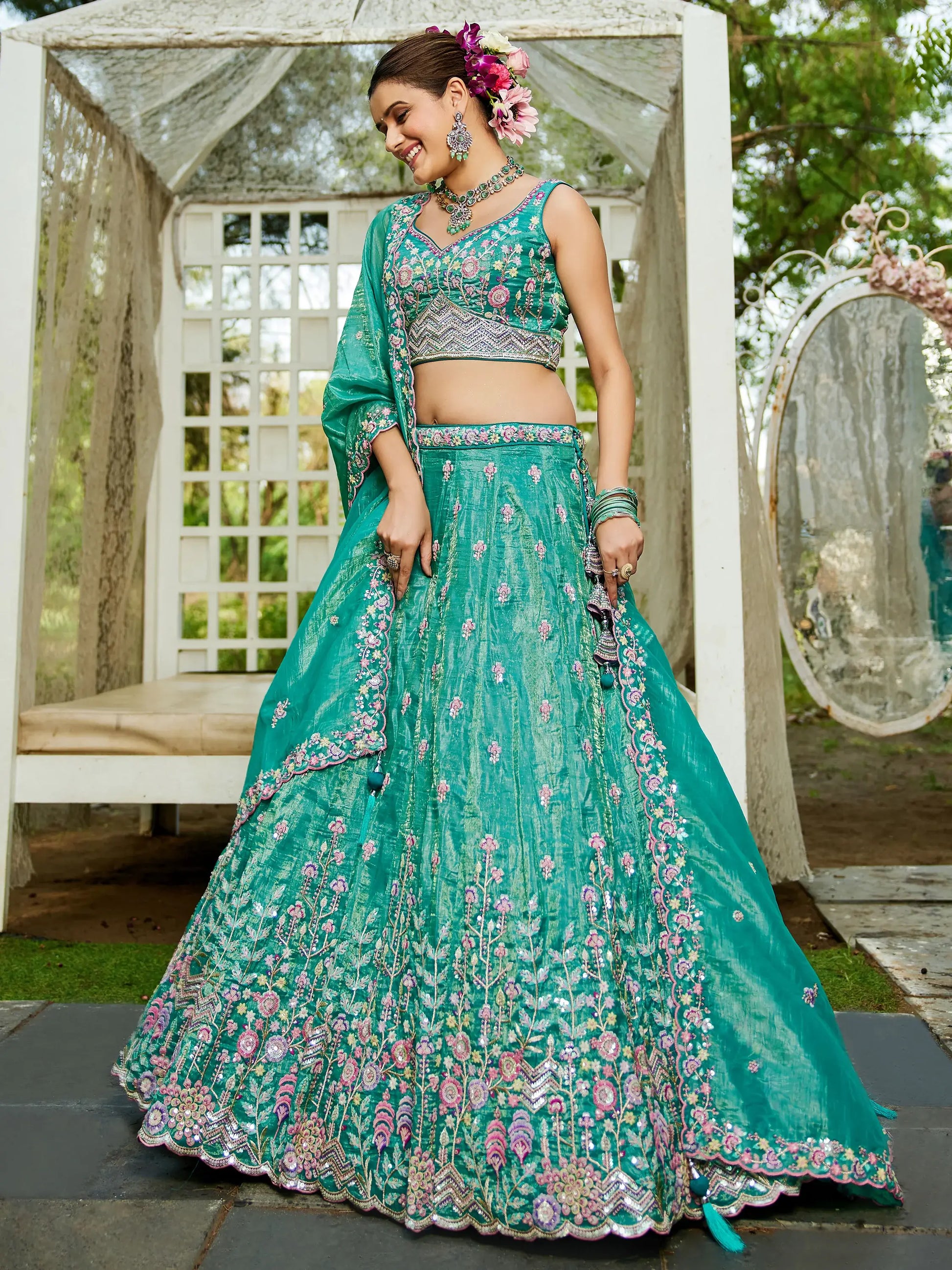 Beauteous Sea-Green Sequins Silk Lehenga Choli With Dupatta - Zeel Clothing