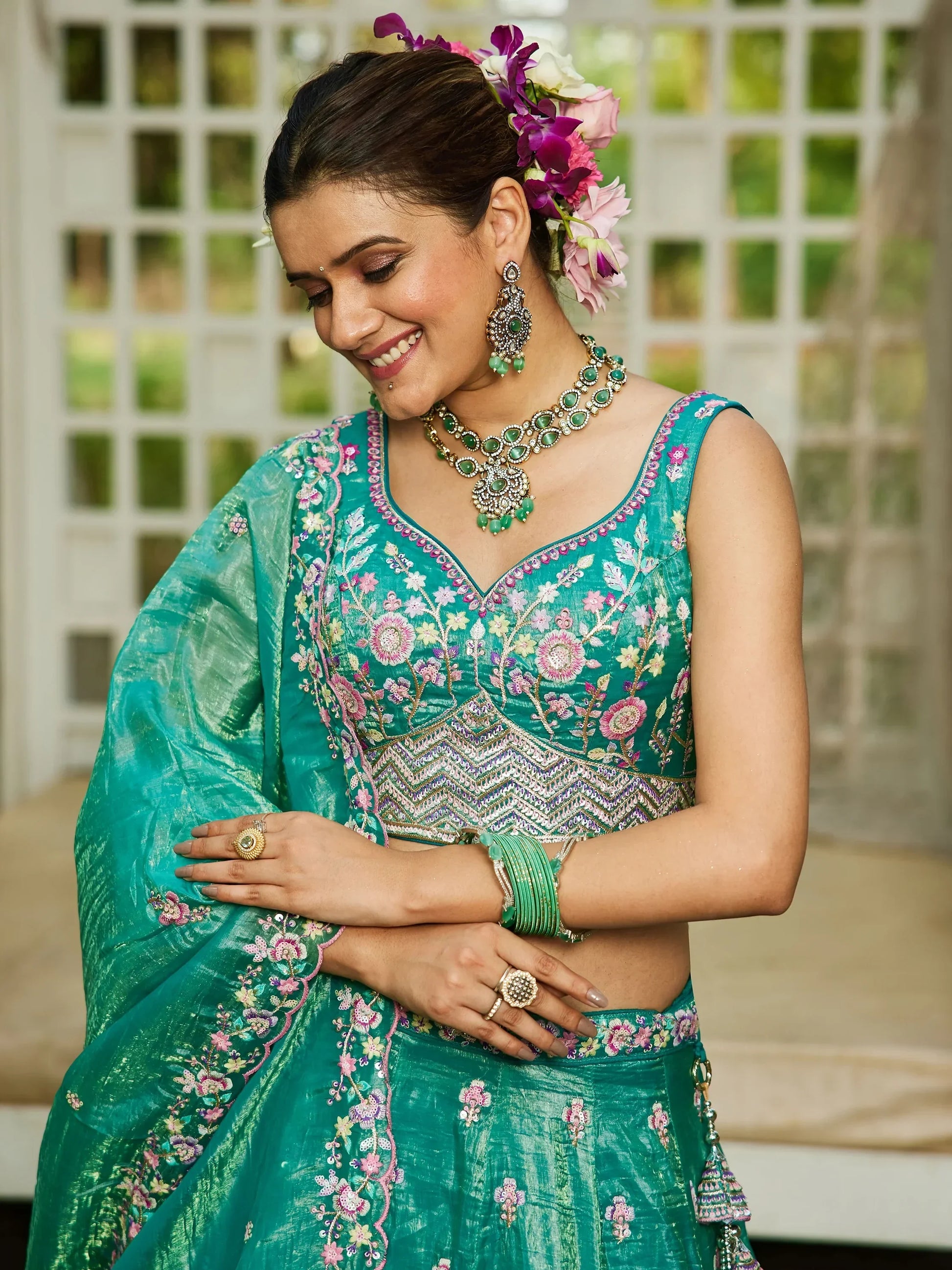 Beauteous Sea-Green Sequins Silk Lehenga Choli With Dupatta - Zeel Clothing