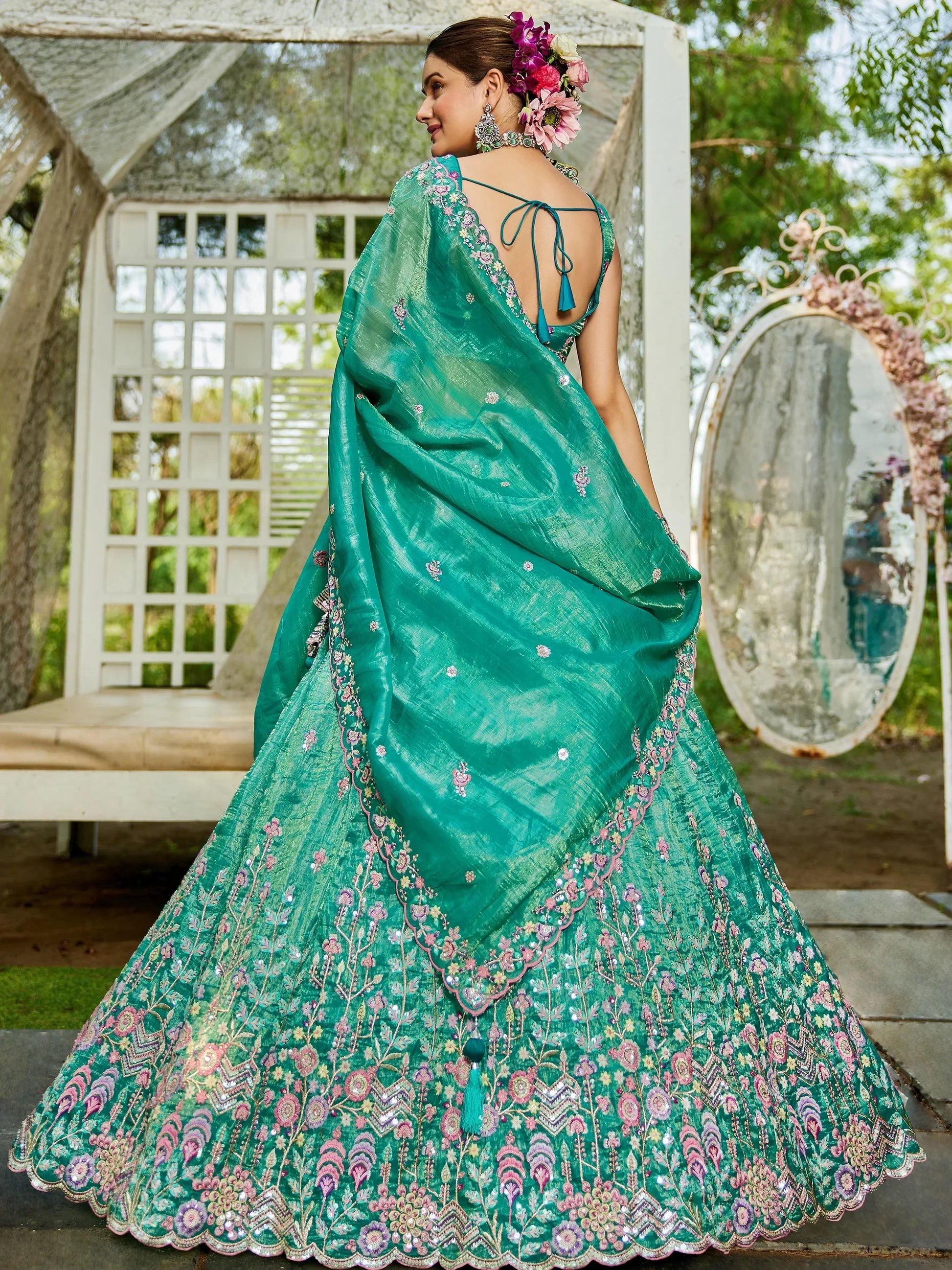 Beauteous Sea-Green Sequins Silk Lehenga Choli With Dupatta - Zeel Clothing
