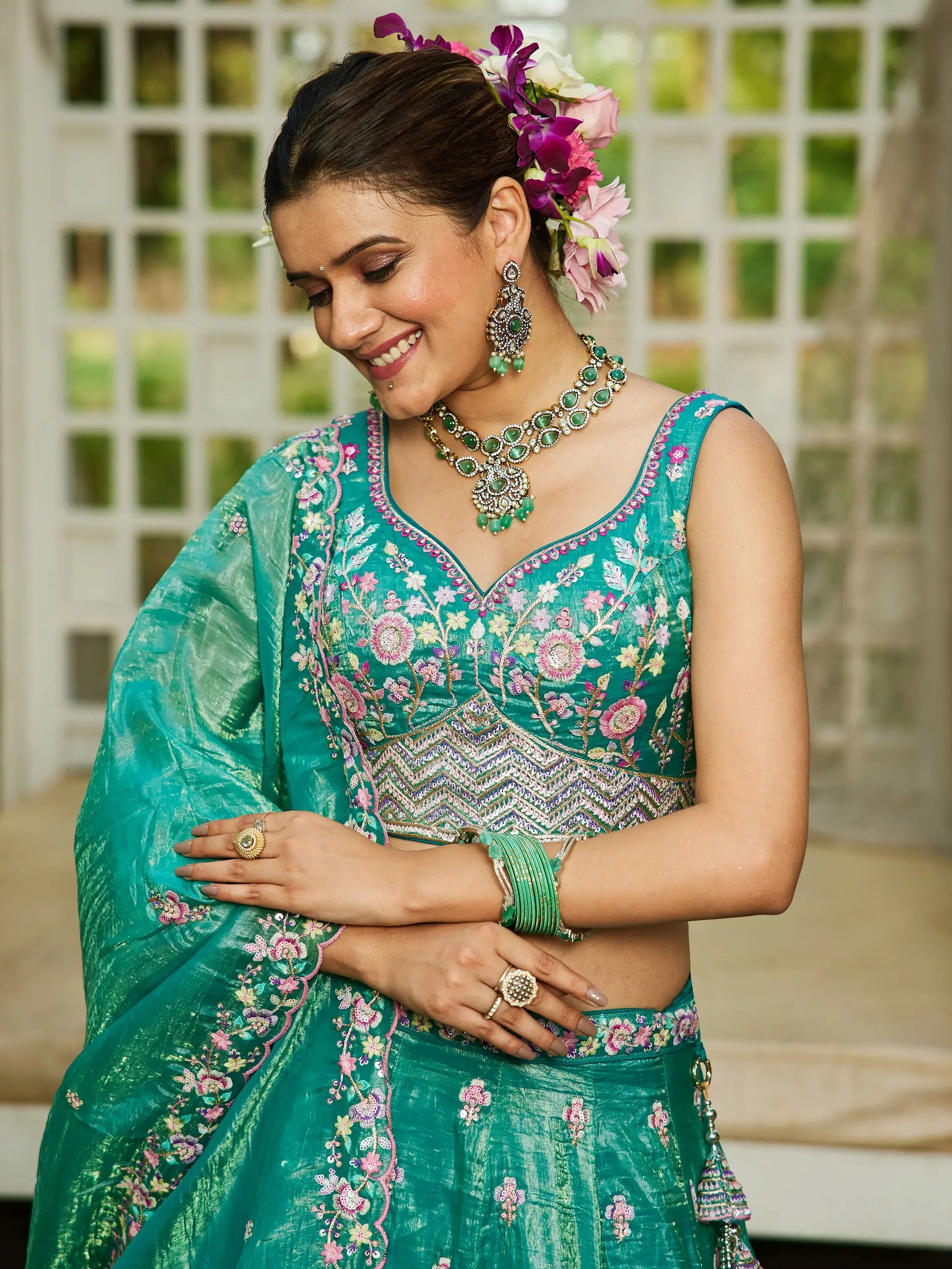 Beauteous Sea-Green Sequins Silk Lehenga Choli With Dupatta - Zeel Clothing