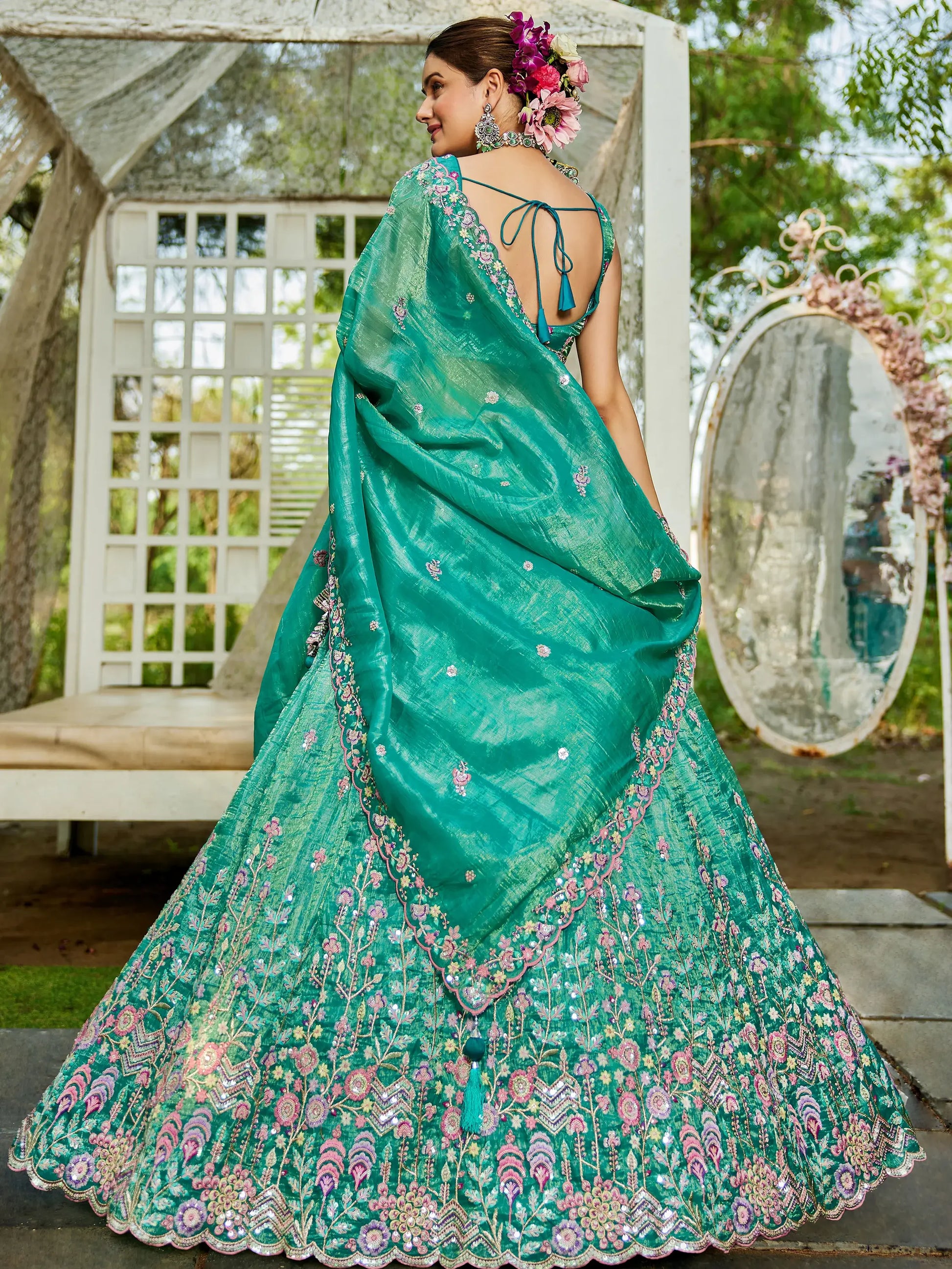 Beauteous Sea-Green Sequins Silk Lehenga Choli With Dupatta - Zeel Clothing