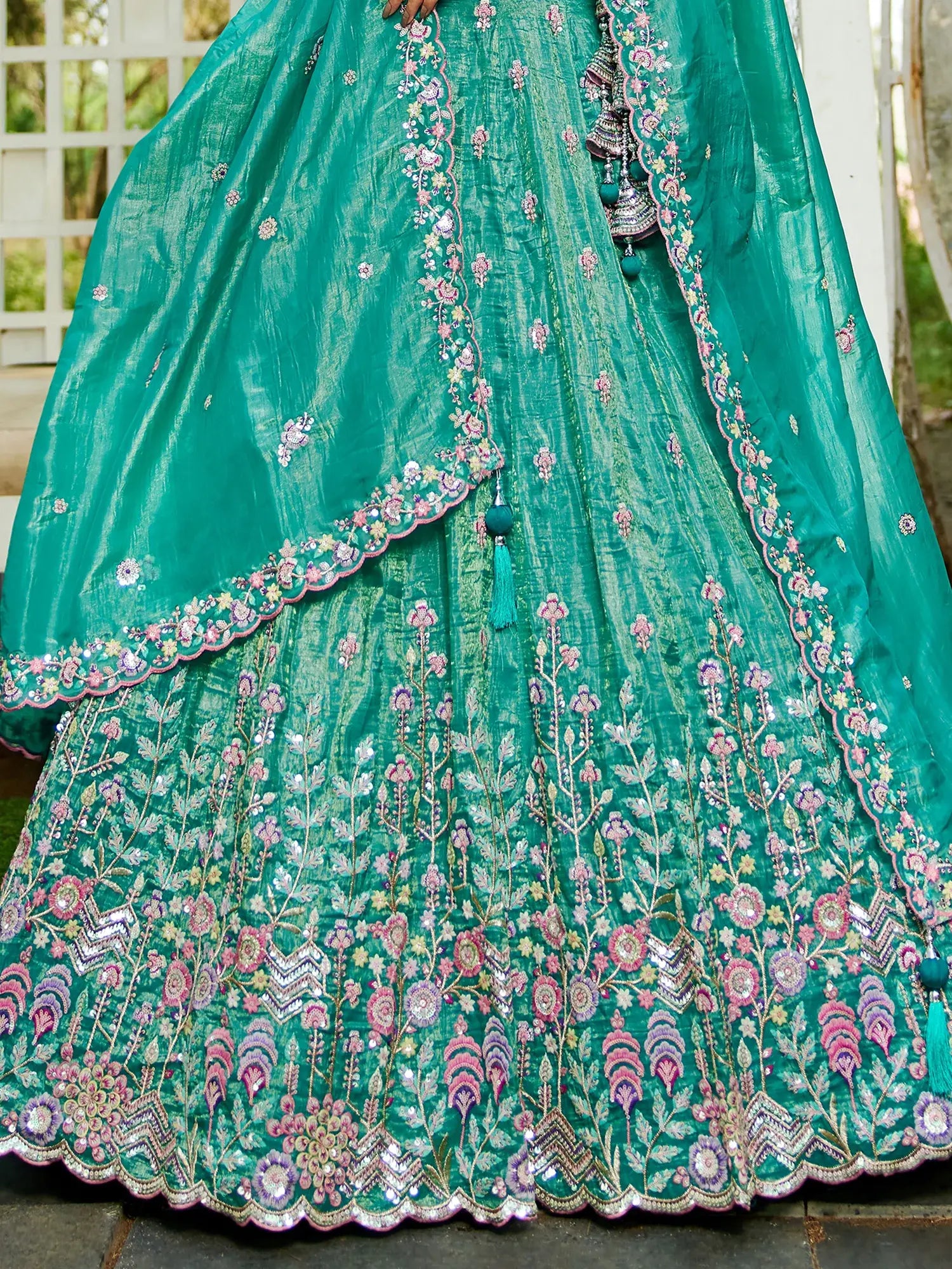 Beauteous Sea-Green Sequins Silk Lehenga Choli With Dupatta - Zeel Clothing