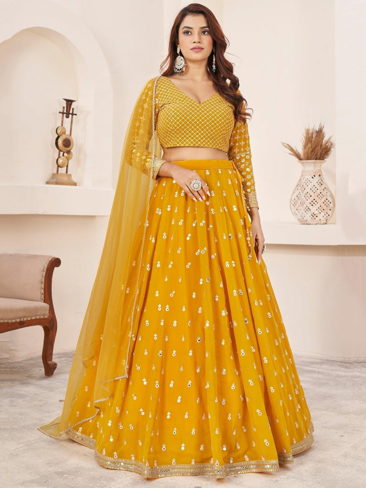 Beauteous Yellow Thread Work Georgette Lehenga Choli With Dupatta