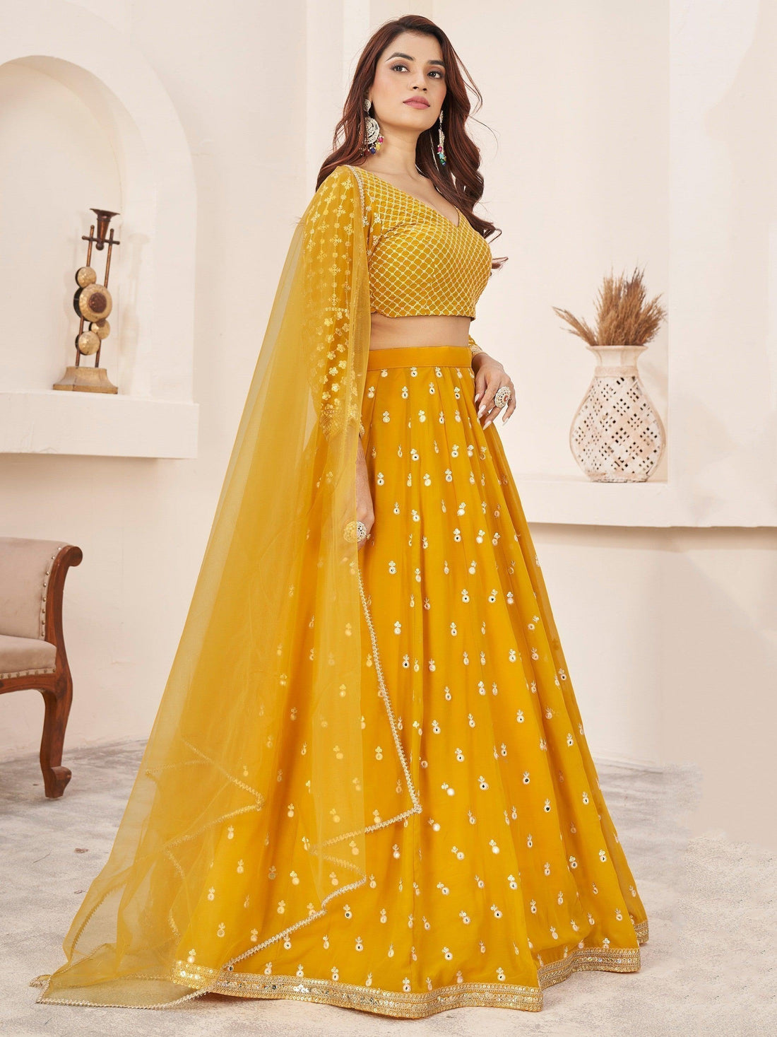 Beauteous Yellow Thread Work Georgette Lehenga Choli With Dupatta