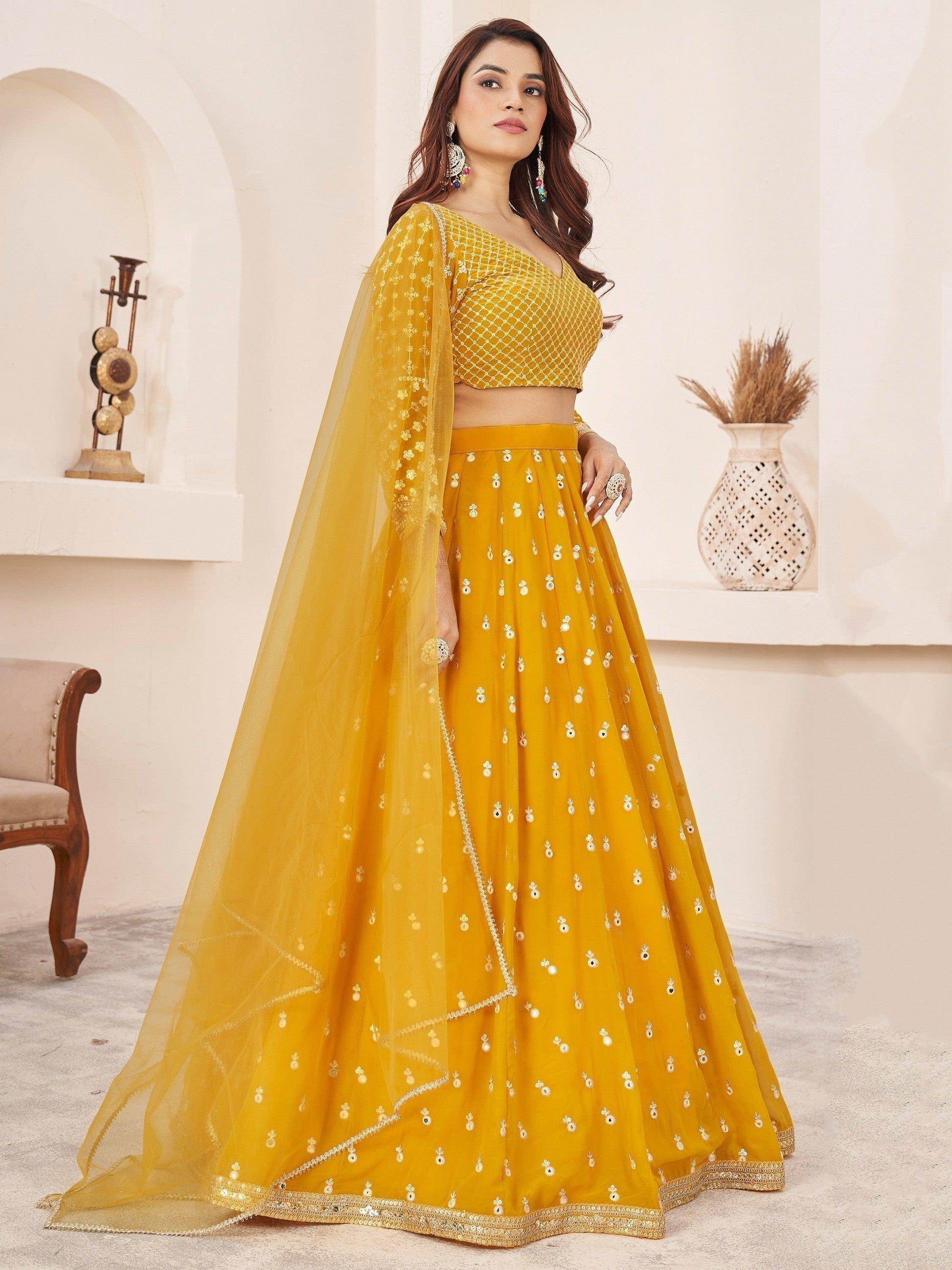 Beauteous Yellow Thread Work Georgette Lehenga Choli With Dupatta - Zeel Clothing