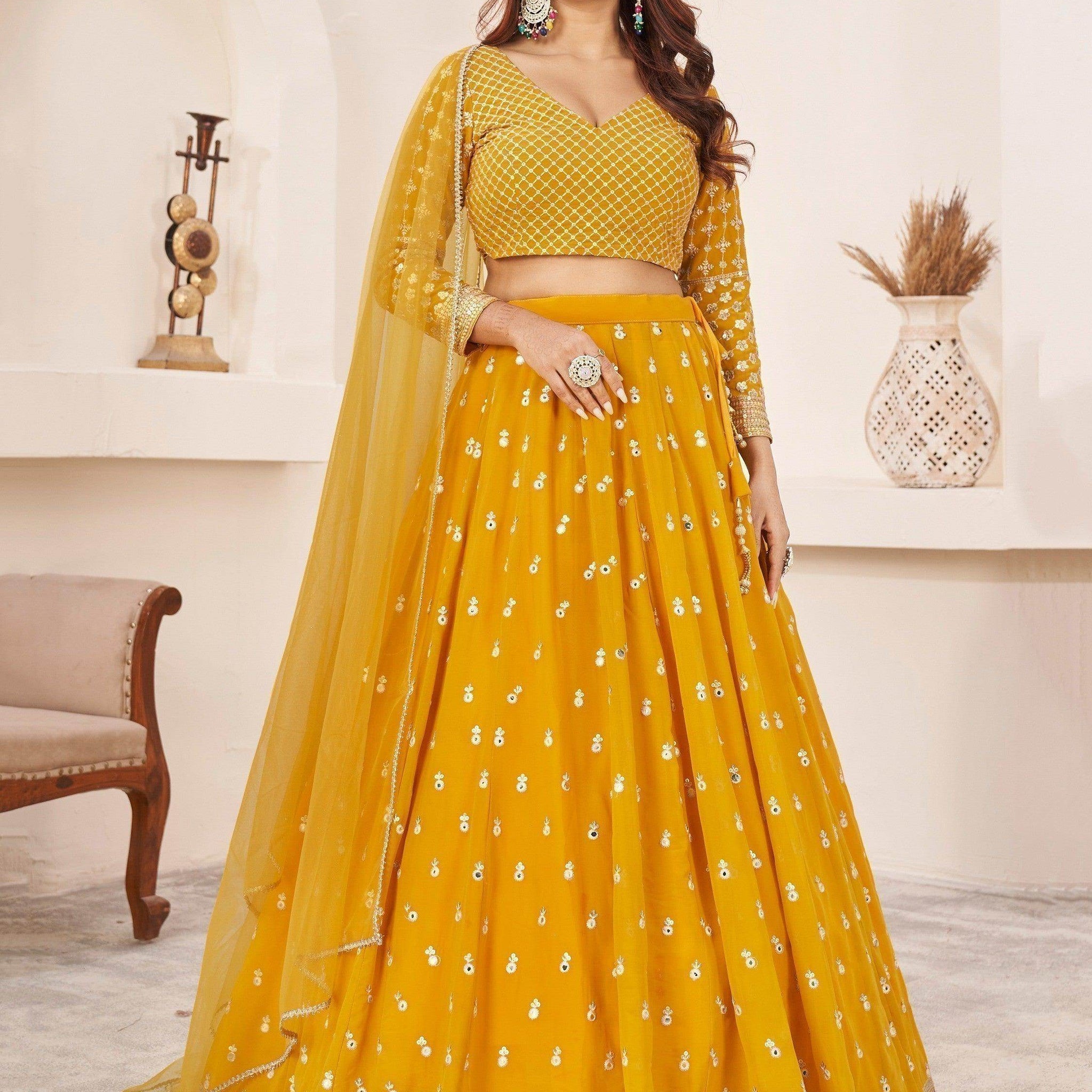 Beauteous Yellow Thread Work Georgette Lehenga Choli With Dupatta - Zeel Clothing
