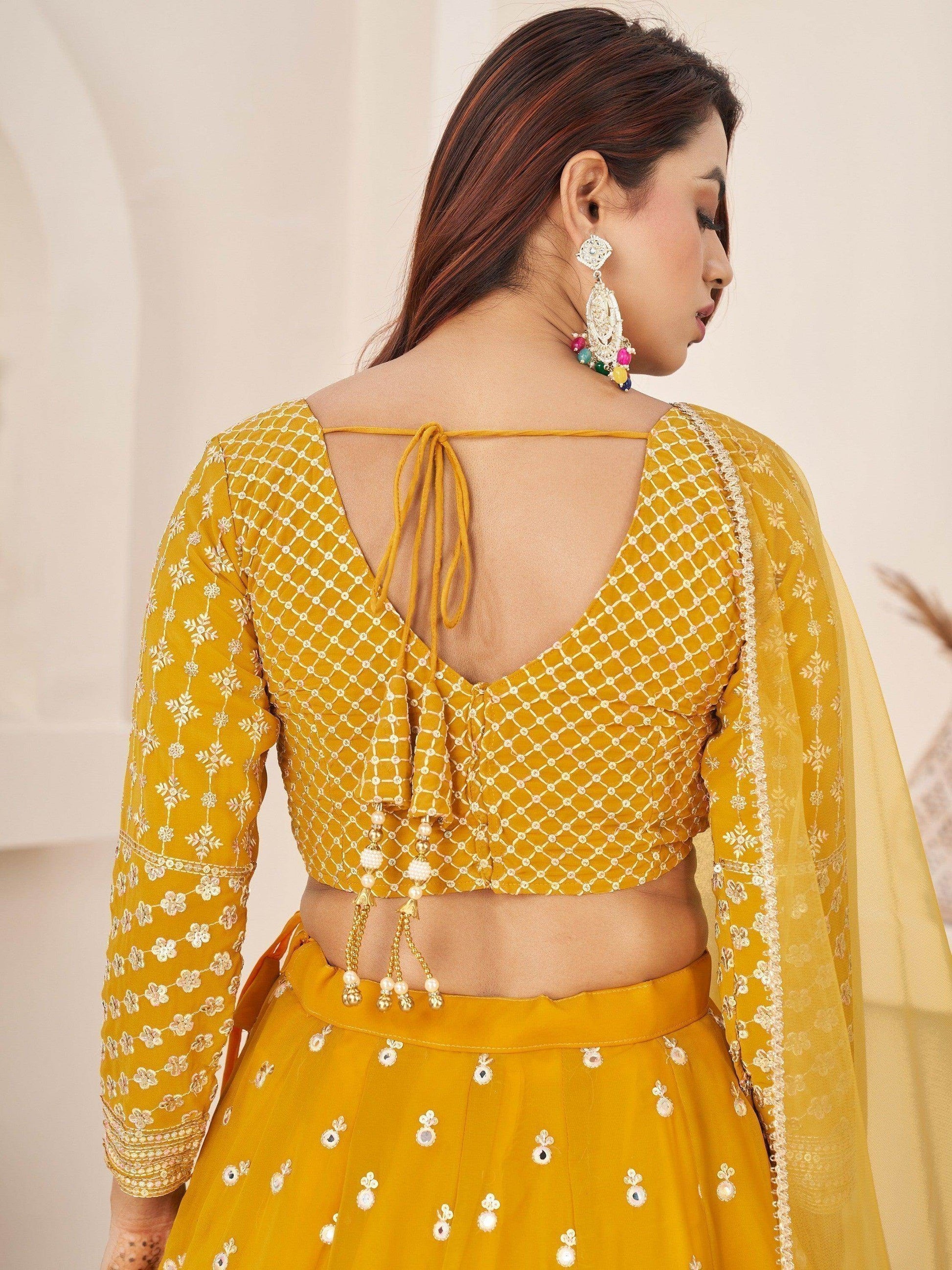 Beauteous Yellow Thread Work Georgette Lehenga Choli With Dupatta - Zeel Clothing