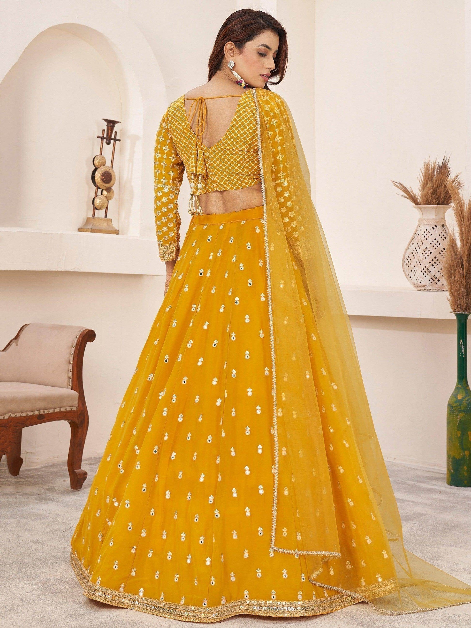 Beauteous Yellow Thread Work Georgette Lehenga Choli With Dupatta - Zeel Clothing