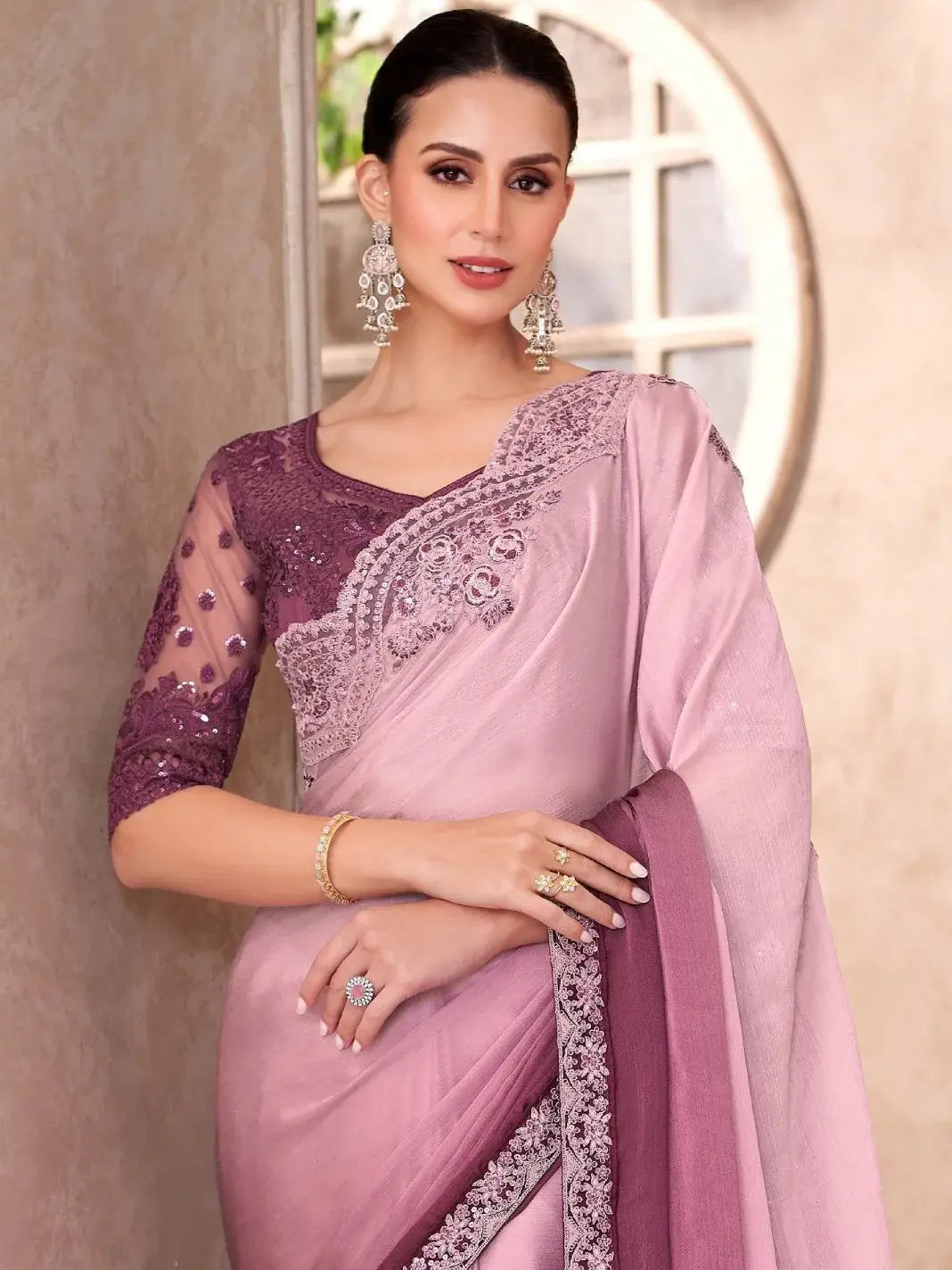 Beautiful Baby Pink Border Work Chiffon Reception Wear Saree With Blouse - Zeel Clothing