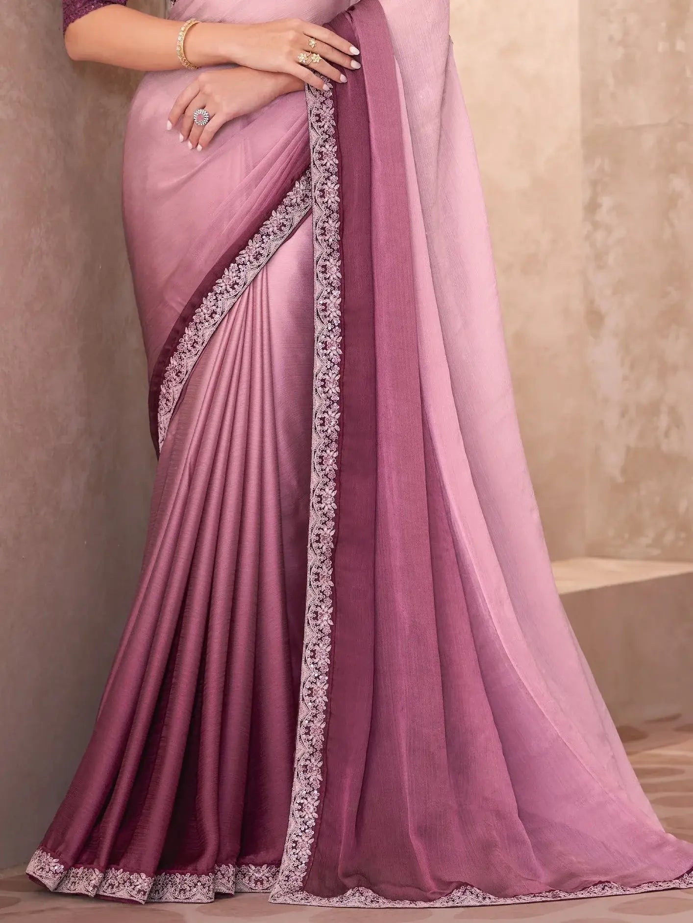 Beautiful Baby Pink Border Work Chiffon Reception Wear Saree With Blouse - Zeel Clothing
