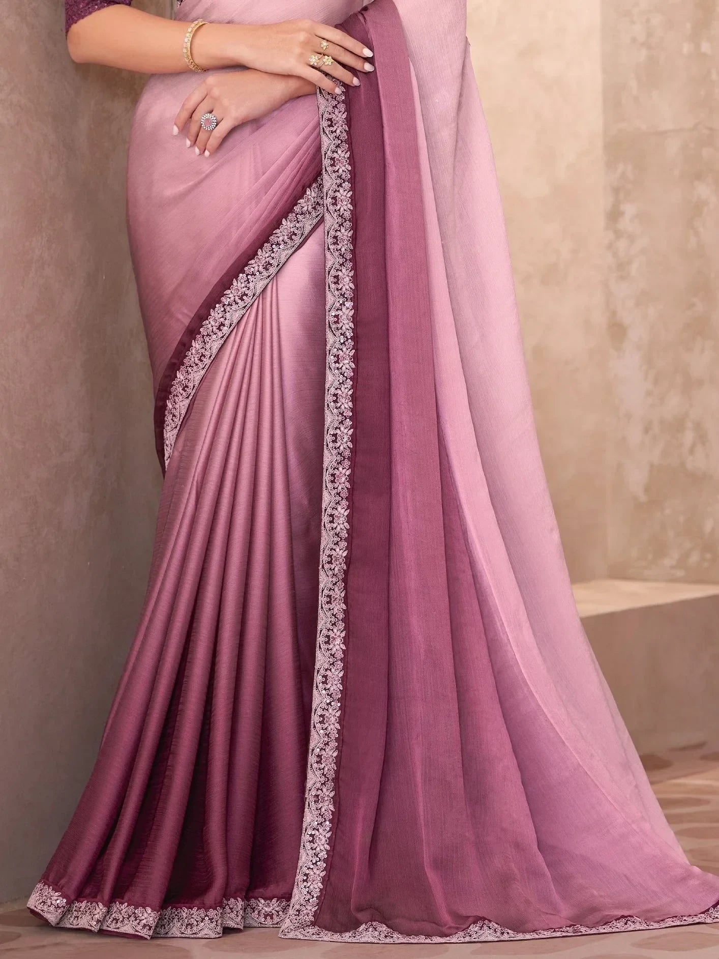 Beautiful Baby Pink Border Work Chiffon Reception Wear Saree With Blouse - Zeel Clothing