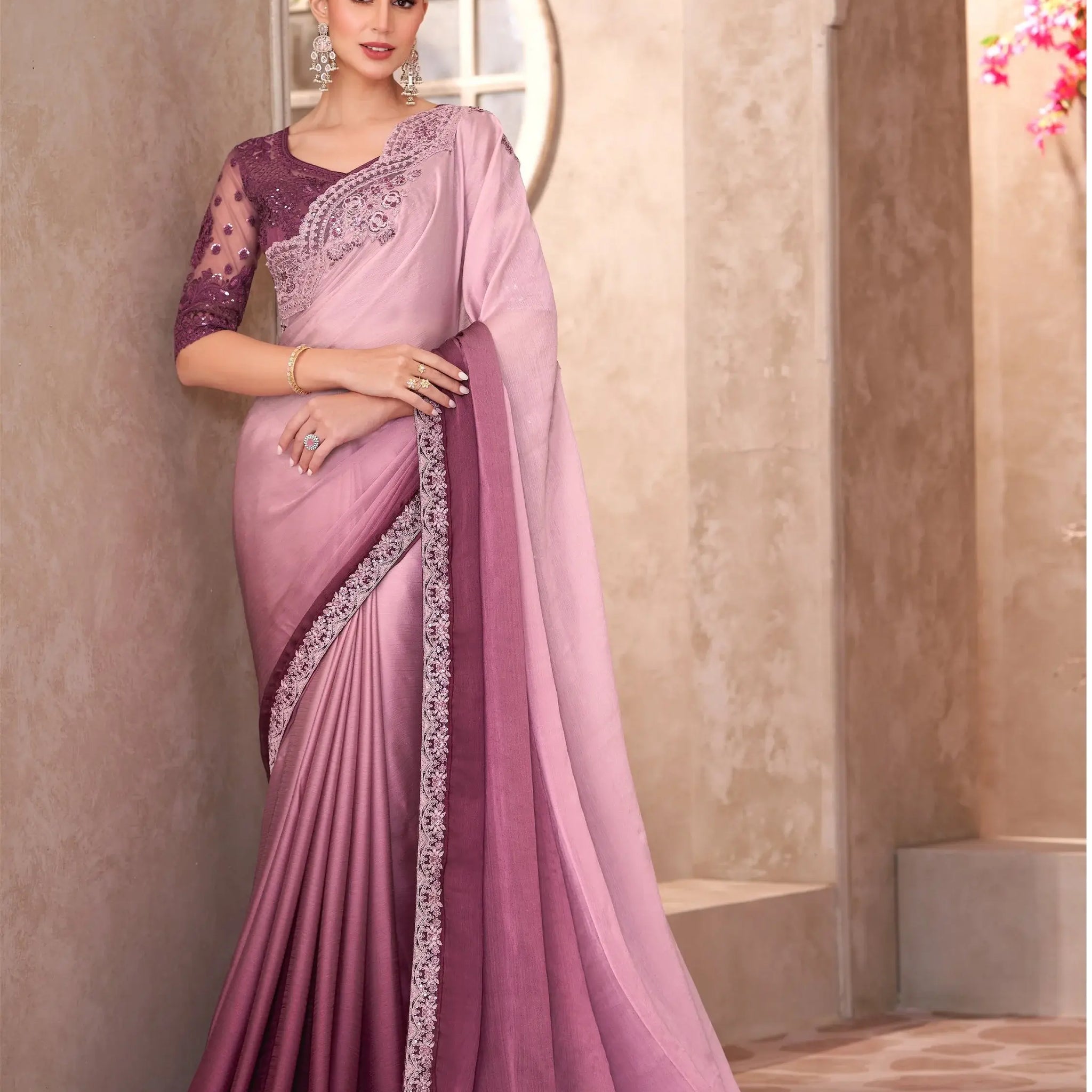 Beautiful Baby Pink Border Work Chiffon Reception Wear Saree With Blouse - Zeel Clothing