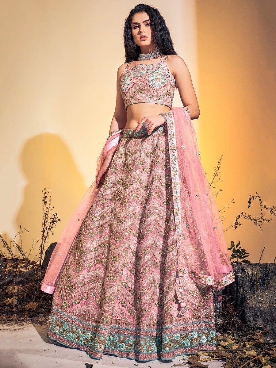 Beautiful Baby Pink Embroidered Soft Net Lehenga Choli With Dupatta - Zeel Clothing