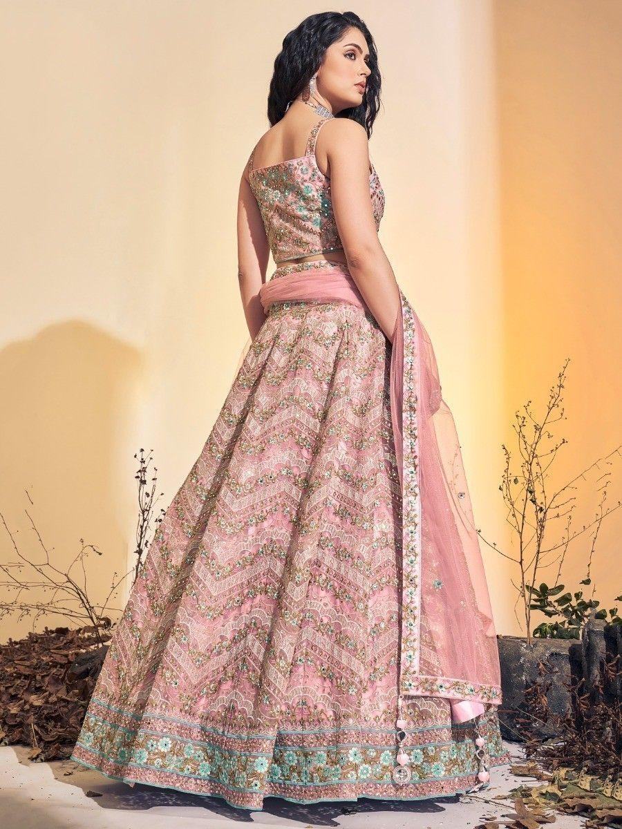 Beautiful Baby Pink Embroidered Soft Net Lehenga Choli With Dupatta - Zeel Clothing