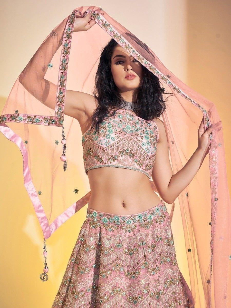 Beautiful Baby Pink Embroidered Soft Net Lehenga Choli With Dupatta - Zeel Clothing