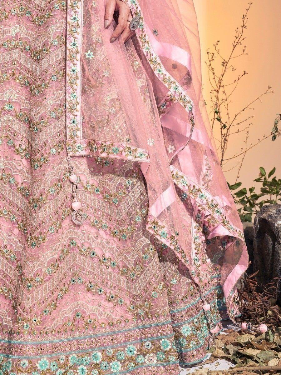 Beautiful Baby Pink Embroidered Soft Net Lehenga Choli With Dupatta - Zeel Clothing