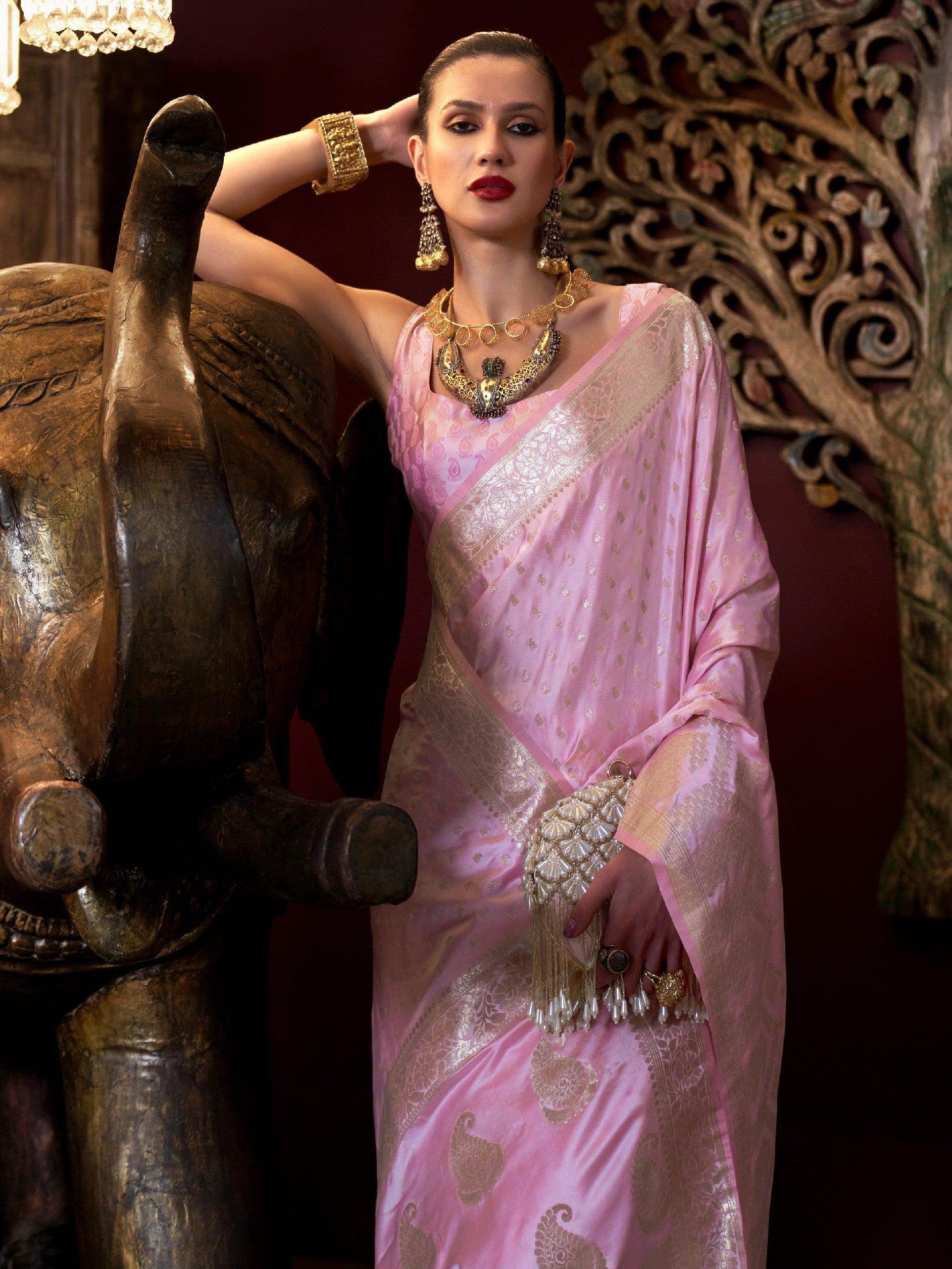 Beautiful Baby Pink Handloom Weaving Satin Function Wear Saree - Zeel Clothing