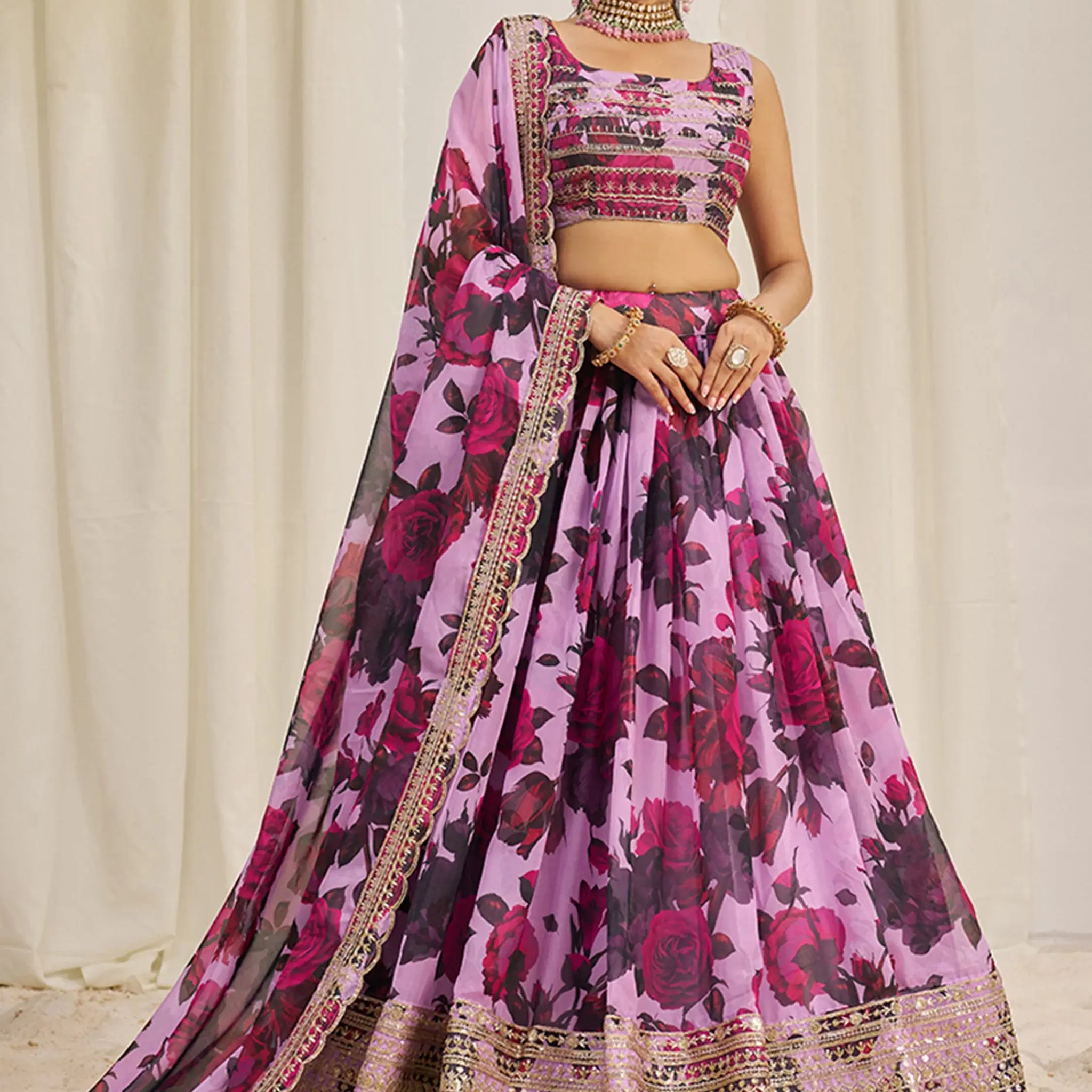 Beautiful Baby Pink Printed Organza Festival Wear Lehenga Choli - Zeel Clothing