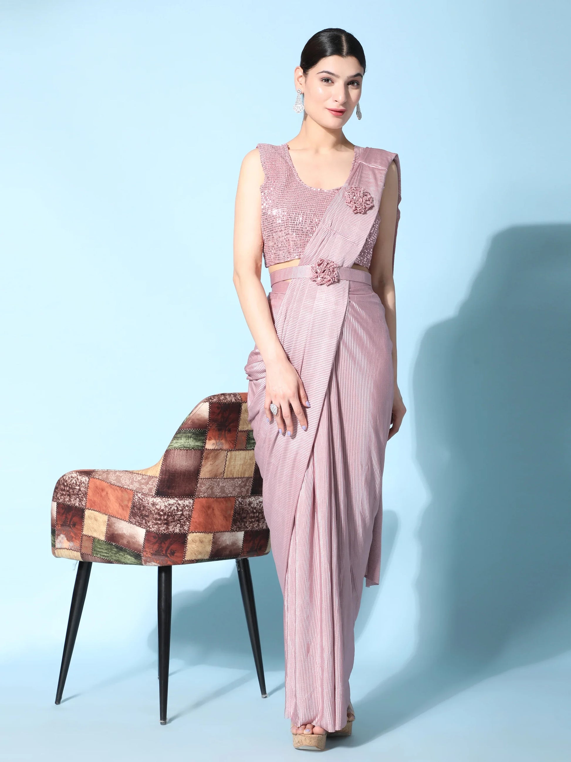 Beautiful Baby Pink Satin Pre-Stitched Designer Saree With Blouse - Zeel Clothing